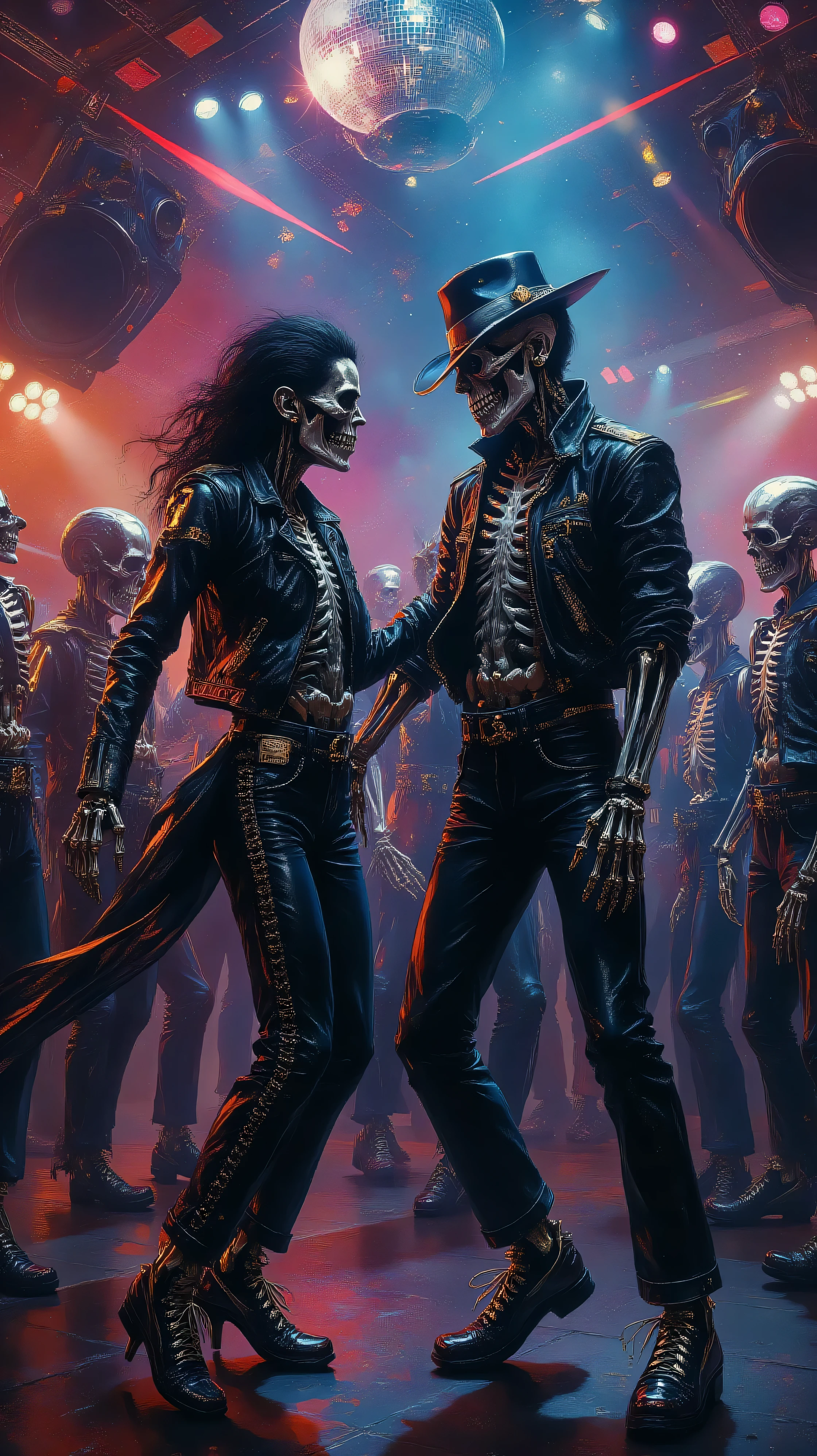 Hyper-realistic illustration, maximum sharpness and ultra-high resolution of a female skeleton and a male skeleton dancing like Michael Jackson in front of the camera in an 80s nightclub. Both skeletons wear typical 80s clothing: shiny Michael Jackson–style jackets, tight pants, big shoulder pads, gloves and dance shoes, with dynamic moonwalk and breakdance poses. Around them, other skeletons watch and applaud, also dressed in colorful 80s outfits. The nightclub is filled with neon lights, colored lasers, light smoke and a large disco ball on the ceiling reflecting sparkles all over the scene. Background with big speakers, a shiny dance floor and a vibrant night party atmosphere. Dramatic lighting, detailed reflections on bones and clothes, highly defined textures, photorealistic style, 8K quality, perfect focus, no blur.