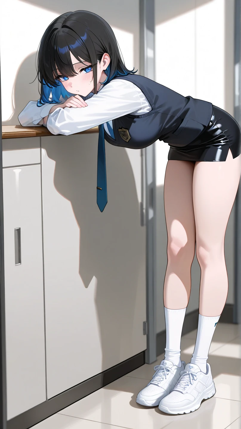 <lora:peeing_self:1>peeing self, open mouth, jacket, pink footwear, solo, closed eyes, pigeon-toed, shiny hair, miniskirt, 1girl, shoes, have to pee, leaning forward, collared shirt, white shirt, long sleeves, high heels, skirt, short hair, blush, embarrassed, nose blush, full body, office lady, orange hair, peeing, tears, black jacket, pencil skirt, shiny, standing, black pantyhose, indoors, red footwear, shirt, hand up, black skirt, pantyhose, buttons