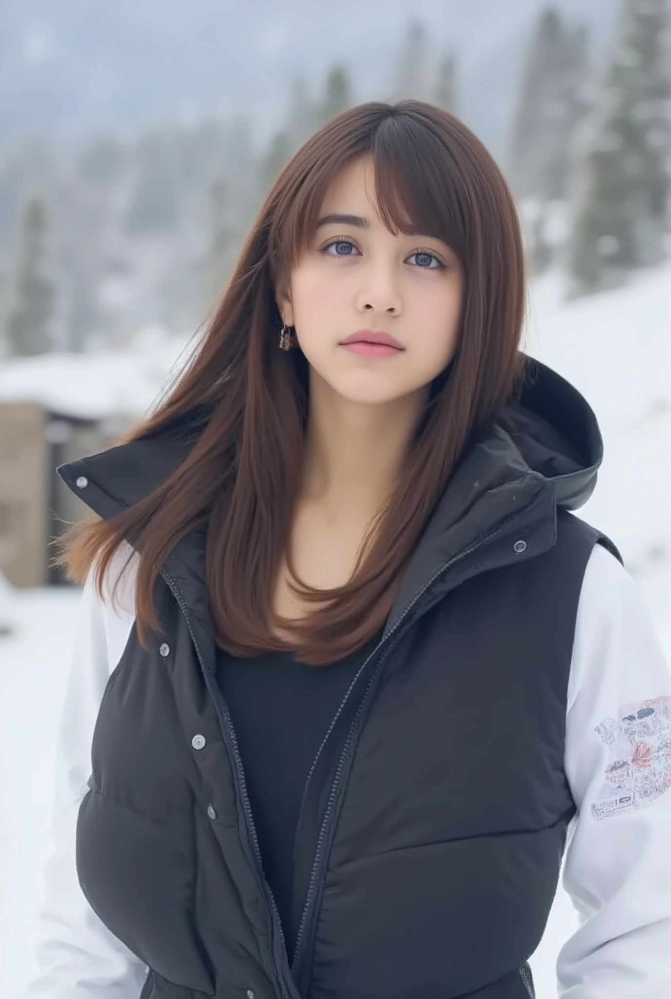 (Winter Mountain Down Jacket)Outfit(Sydney Sweeney), (((huge breasts))), big boobs,  overhanging chest , Well Defined Breasts  , Deep chest、))、(((Empty-handed)))、(    dark hair)、(  tousled bangs)、(  wet hair)、(( I'm sweating))、( clean skin )、((serious))、((  Vague Feeling))、(((Karate Dojo)))、((Graceful Paintings     ))，( masterpiece　 EXQUISITE RAW PHOTO  :1.25), ( top quality:1.6), (  ultra high image quality :1.5), (    author：  Mr... nomi:1.75),  8k resolution ,   Canon EOS R5  , 50mm, Abs urd,  very detailed,Scriptwriting for a movie,(((lower body))),Snowy Mountain Trail
