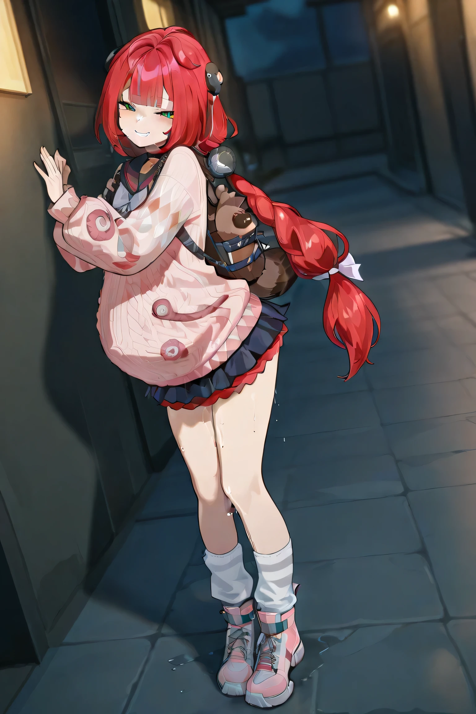 (Best quality, masterpiece, ultra detailed), Ukinami Yuzuha from Zenless Zone Zero, Solo, Alone, red hair, green eyes, raccoon tanuki backpack behind her, Spook Shack outfit, pink button up sweater, short pleated skirt, thigh-high sock, sporty sneakers,at New Eridu street, naughty smile, naughty expression, skirt naturally draped, hands resting on her knees, cinematic lighting, high detail, 4k, anime style, (pregnant:1.2),hands on back, pussy juice, sweating, amnotic fluid flow from the pussy, amnotic fluid on tight, (turn pale:0.8), standing, lean backward