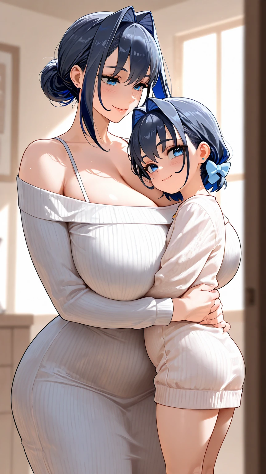 pregnant beautiful tall mom with blue ponytail hair, green eyes, big breast, blue top shirt, blue shorts, happy