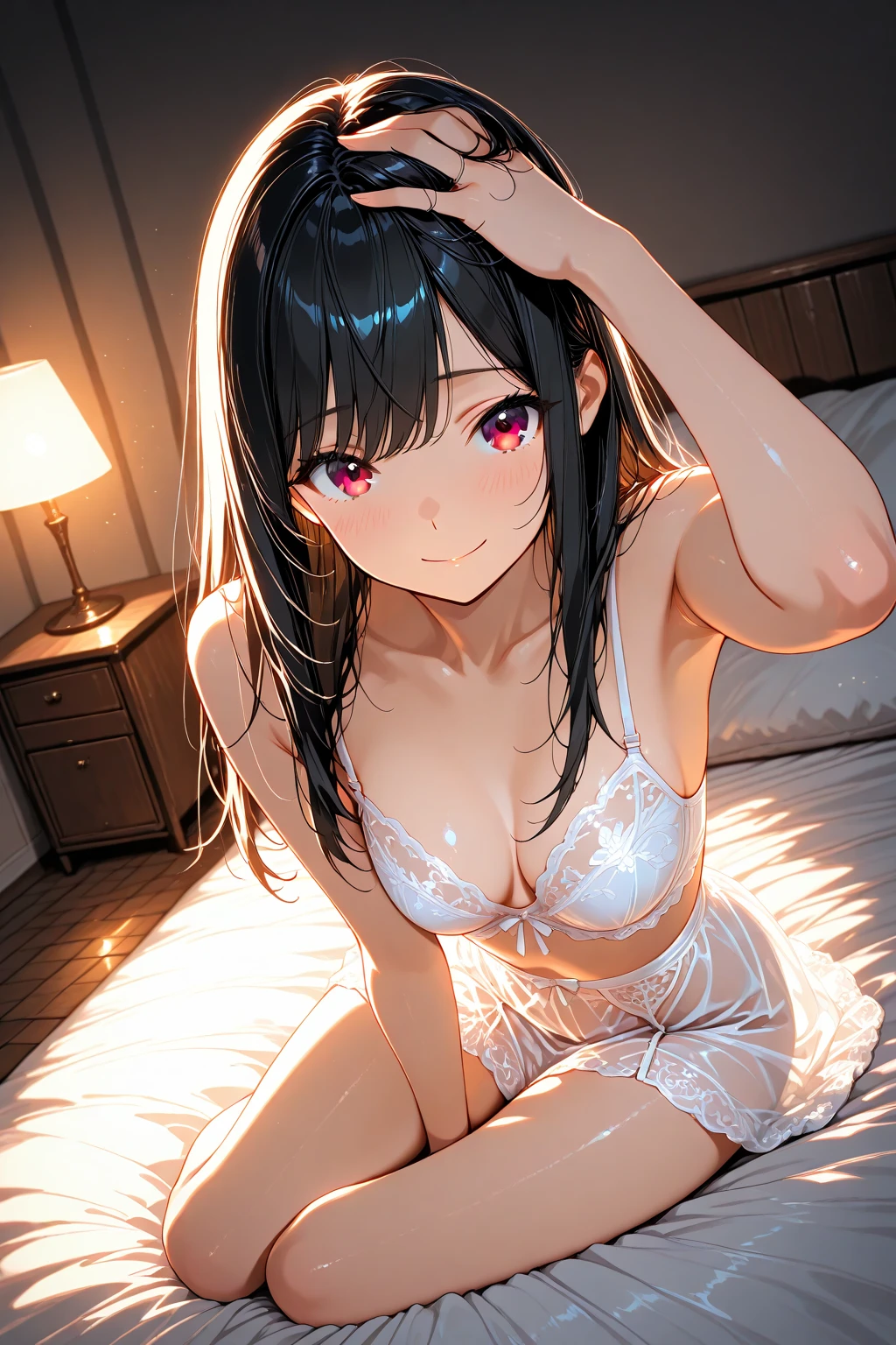 (Realistic:1.3), (masterpiece:1.2), (photoRealistic:1.2), (highest quality), (Detailed skin:1.3), (Intricate details), ((1 woman))、20 years old, Detailed skin texture, 
(blush:0.7), (((shy face))), ((on the bed with white sheets))
Charm, Black Hair, Straight Hair, shoulder length Hair, Calm hair, With bangs, Hair volume is low, 
Blue Eyes, Lens Eyes, high light in the eyes, two Feet, upward glance, Two hands, Knee socks, ((kneel down)), ((angle from above)), ((pastel pink g-strings )), (pastel pink ), gap between  and cleavage, 
Depict from waist to head, Perfect limb length, 1 person, (Wearing only ), Perfect body balance, Less muscle, Body Thickness,  (big boobs), good leg length, in the room, ((((she hold  in her mouth))), Fat, cleavage of chest, (kneel down), put her hands behind her back