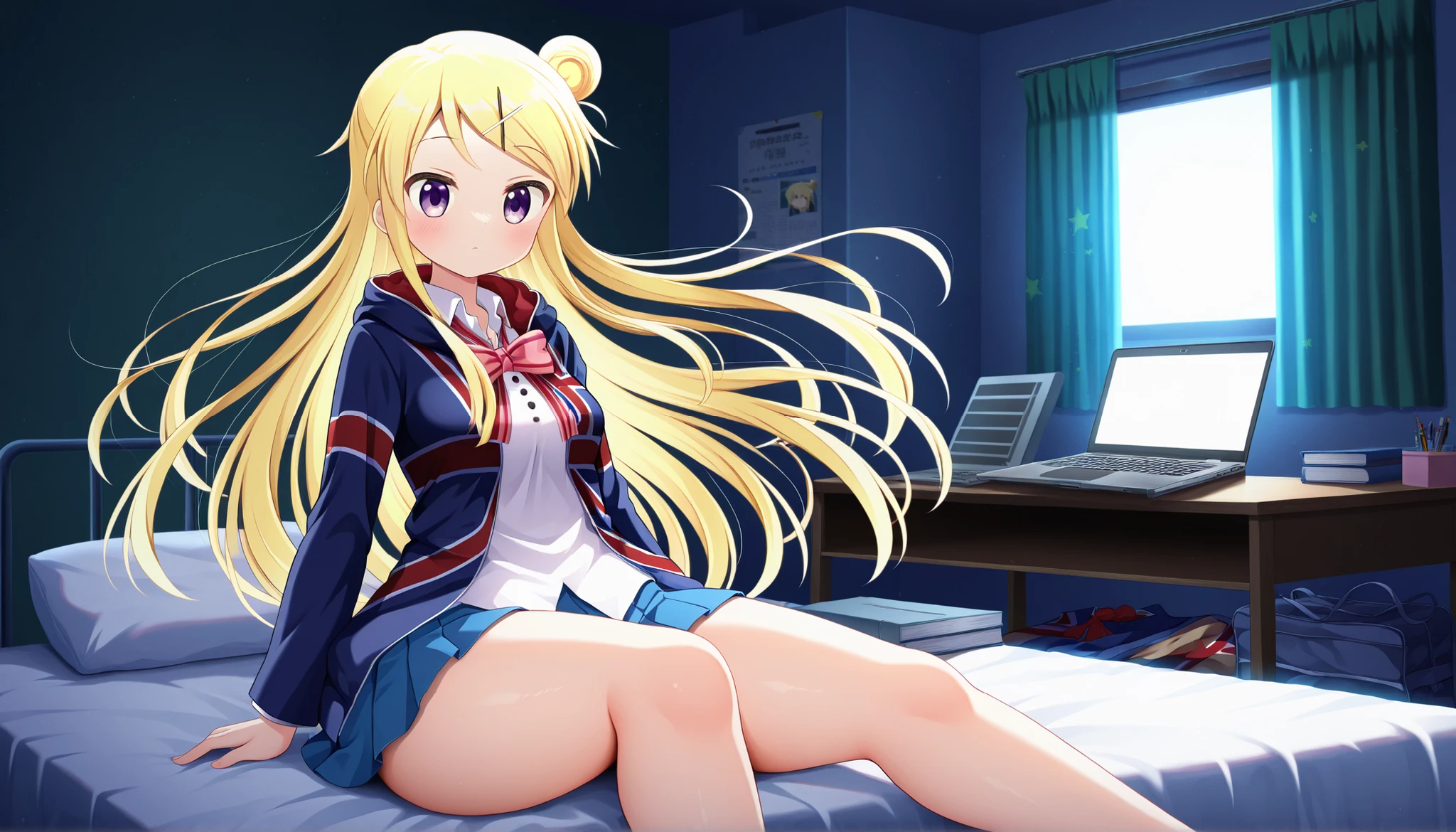 blonde hair, bow, bowtie, breasts, floating hair, hair bun, hair ornament, hairclip, jacket, kin-iro mosaic, kujou karen, long hair, medium breasts, moegi high school uniform, purple eyes, school uniform, shirt, single hair bun, skirt, star (symbol), union jack, x hair ornament, <lora:kujou_karen_pony_v1:1>,thick thighs,1girl, high school dropout, living in the school infirmary, messy hair, sitting on the bed, laptop and personal belongings around her, bored expression, dim lighting, messy room, anime style, high quality, illustration, detailed eyes.