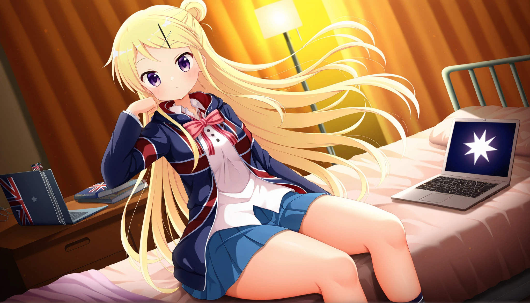 blonde hair, bow, bowtie, breasts, floating hair, hair bun, hair ornament, hairclip, jacket, kin-iro mosaic, kujou karen, long hair, medium breasts, moegi high school uniform, purple eyes, school uniform, shirt, single hair bun, skirt, star (symbol), union jack, x hair ornament, <lora:kujou_karen_pony_v1:1>,thick thighs,1girl, high school dropout, living in the school infirmary, messy hair, sitting on the bed, laptop and personal belongings around her, bored expression, dim lighting, messy room, anime style, high quality, illustration, detailed eyes.