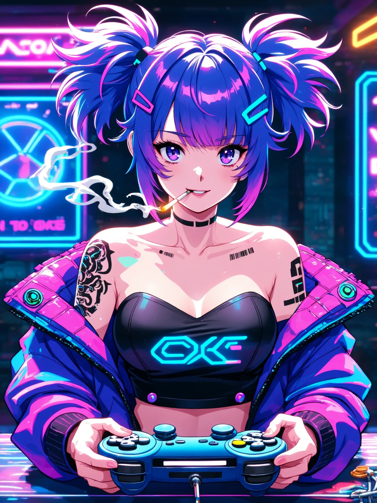 High Quality,Superb masterpiece,rich in details,1 girl,blue purple double ponytail,punk hair accessories,purple eyes,Smoking a cigarette ,black strapless top,blue pink plush jacket,Arm tattoo,gamepad,Confident Posture,video game boss atmosphere,neon flashing video game hall,retro game console,Color buttons,two-dimensional game screen,cyberpunk vibe,pink purple blue black color scheme,Japanese two-dimensional,cyberpunk aesthetics,cool video game girl,feeling trendy,Visual Impact,Futuristic,anime style,neon lights,night scene
