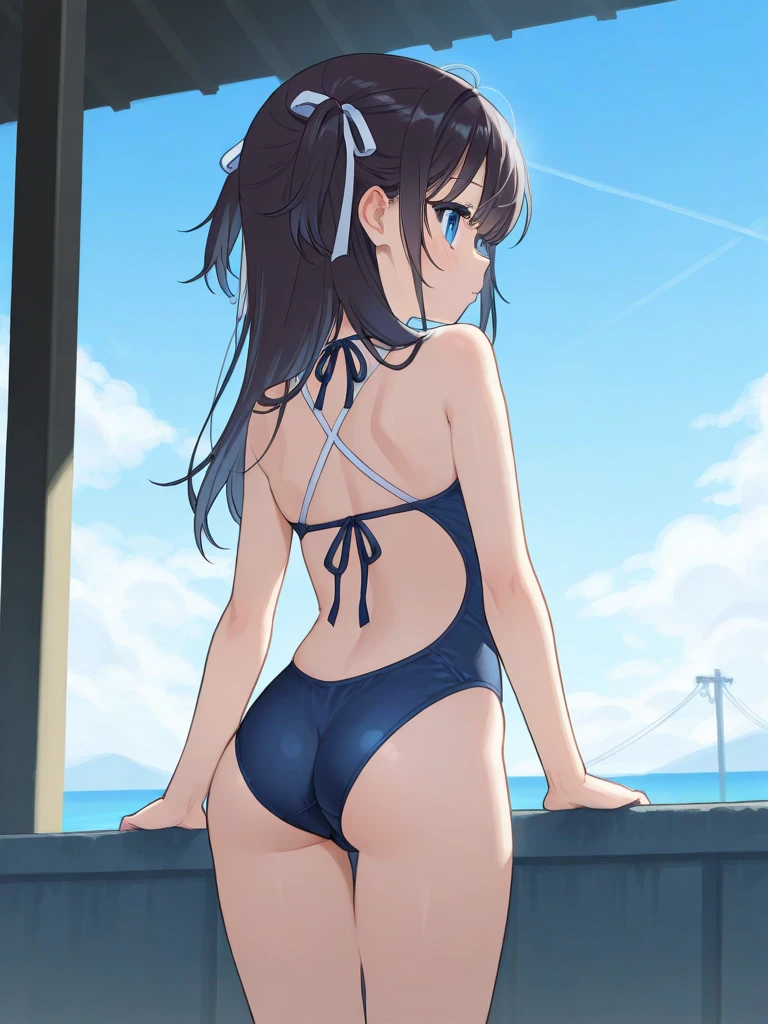 a girl with long brown hair she has a big butt