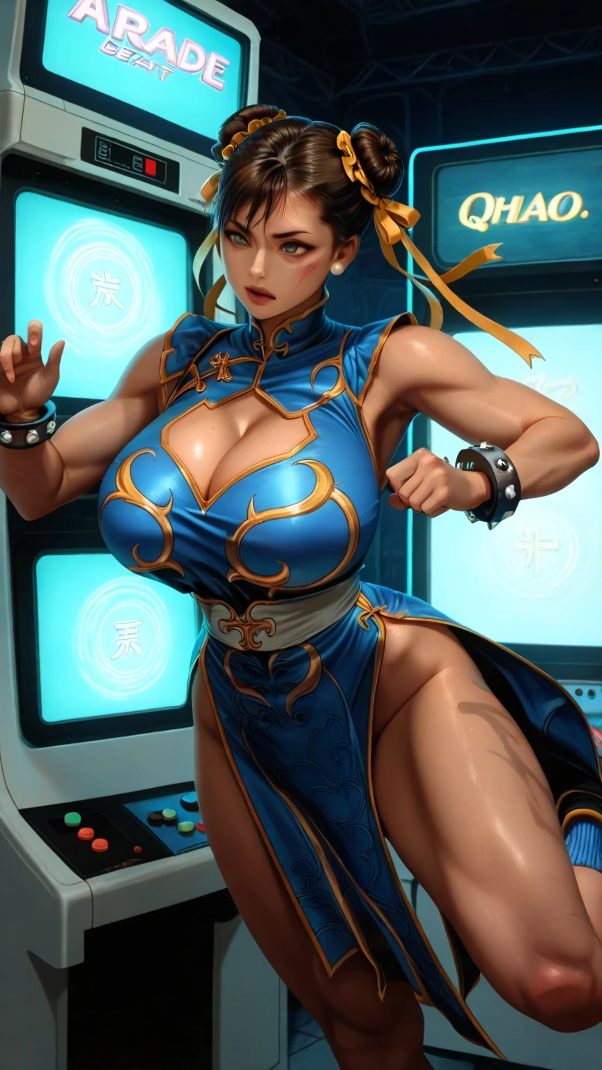 ((mulher baseada na personagem chun li)), ????? grandes, medium ????, ((ultra realista)), TM Ninja branco, Icons, cores vibrantes, estilo vetorial, arte digital, 4k, detalhes intrincados, hipnotizante, feito profissionalmente, beautiful vector illustration, 12k resolution, ..3d, todos os caracteres detalhados em comprimento total, ((altamente detalhado)), ((vibrante)),((Ultra alta qualidade)), ((hiperrealismo)), ((fotorrealismo)), [octan rendering] , na cidade, muitos carros (realista), ((((viking Chun Li)))), ((((huge muscles))))