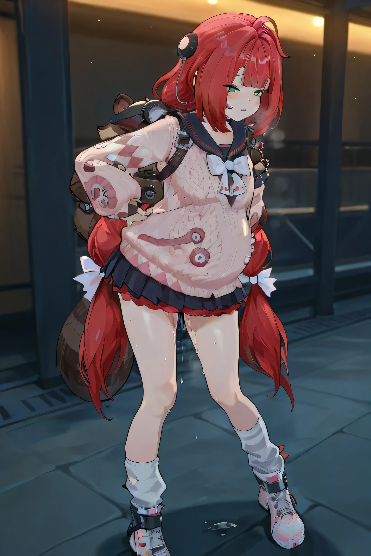 (Best quality, masterpiece, ultra detailed), Ukinami Yuzuha from Zenless Zone Zero, Solo, Alone, red hair, green eyes, raccoon tanuki backpack behind her, Spook Shack outfit, pink button up sweater, Solo, Alone, short pleated skirt, thigh-high sock, sporty sneakers,at New Eridu street, skirt naturally draped, hands resting on her knees, cinematic lighting, high detail, 4k, anime style, (pregnant:1.2),hands on back, (pussy juice:1.1), sweating, amnotic fluid flow from the pussy, amnotic fluid on tight, (turn pale:0.6), standing, lean backward