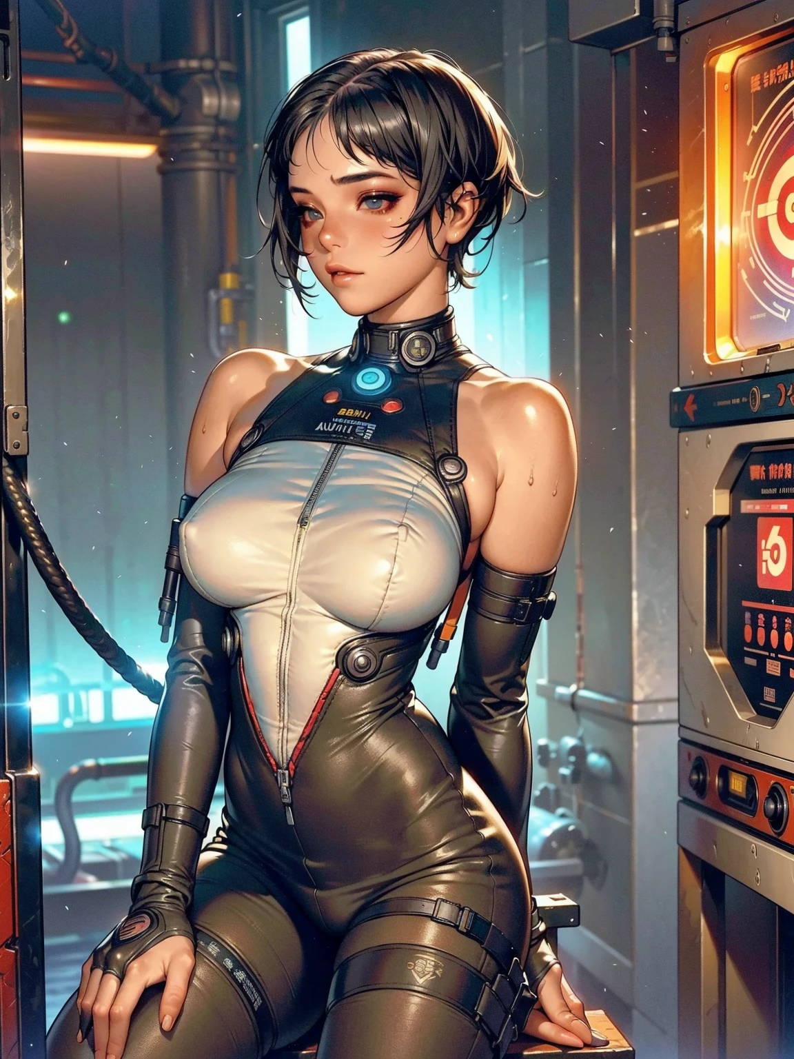 (((Woman))), (((best qualityer))), (((​masterpiece))), (((grown-up))), ((navy suit with vertical stripes))), (((1girl))), (((  black hair black ))), (((red))), (((short dress with stripes))), (((bob haircut black))), A girl wearing a navy leather mini dress with vertical seams, Dress fitted in the chest and chest widening from the waist down, big breasts, wide V-neck, Zipper in the center of the neck, shoulders and arms covered by a tight black blouse with multiple buckles, black gloves, wide bracelet, coxas nuas, garter belt holding red leather stocking, (((brunette))), (((dark hair))),  in the style of Masamune Shirow for Galgrease, Cyberpunk mini-dress, Minimum clothing, blue futuristic dress, (((from the knee up))), ((( short blonde hair ))), Ao fundo, An abandoned factory with an intricate design, (((Giant machines))), Two-tone lighting, film granulation