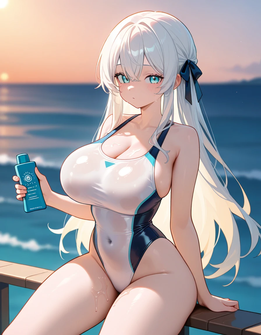 snsoyuz, 1girl, solo, long hair, breasts, looking at viewer, (blue eyes), large breasts, hat, navel, cleavage, bare shoulders, sitting, swimsuit, white hair, bikini, thighs, stomach, see-through, white headwear, white bikini, sun hat, (depth of field:1.4), <lora:sovetsky_soyuz_(azur_lane) -000006:1>