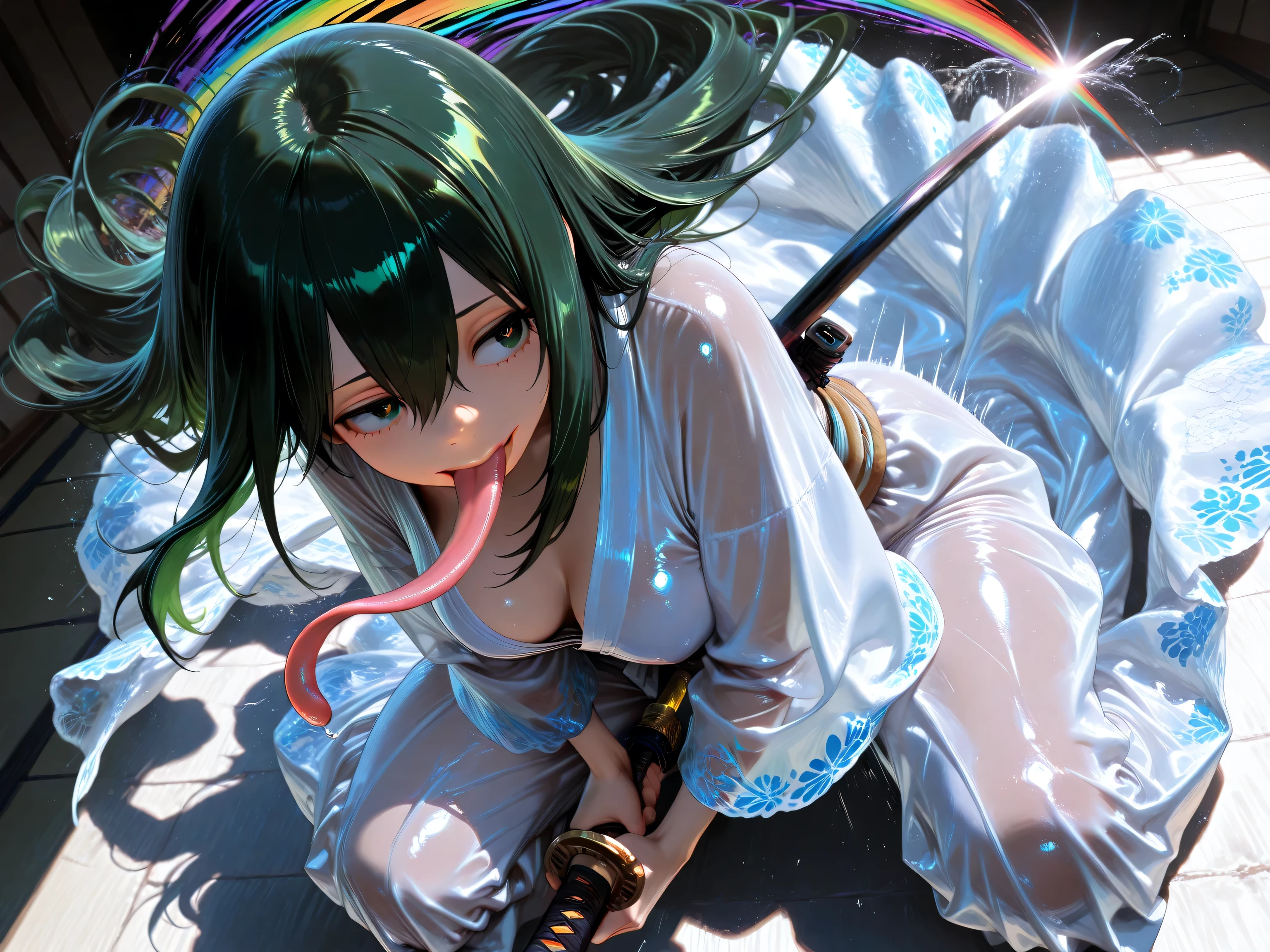 boku no hero academia, asui tsuyu, 1girl, between legs, black eyes, breasts, bright pupils, full body, green hair, hair between eyes, hand long hair, long tongue, medium breasts,wide-angle view from above,((motion effect holding Katana,dynamic motion)) ,Satu Stance,Battle Motion,((5 anatomically correct fingers)),complete anatomy,solo,1girl,long hair, (rainbow colored gold see-through),crystal hair ,Straight hair,tousled bangs, diagonal bangs,blue eyes,has a curved rainbow sword in the right hand,(Thin clothes,A transparent white costume from Greek mythology), ( loose fit),big boobs, Curbley ,shoulder,(rainbow colored gold see-through_wing), Feathered_wing,32K,Ultra HD,masterpiece,ultra high definition,HDR,very detailed,very aesthetic,top quality,BEST SKILLS,((motion effect holding Katana,dynamic motion)) , Dazzling Sunlight ,lighting
