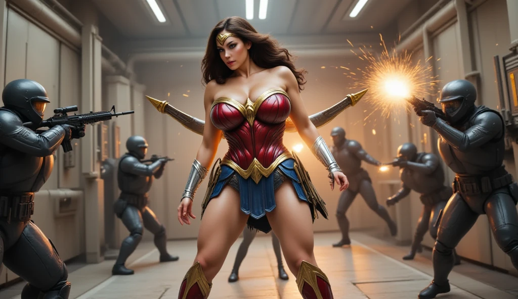 Eis Diana, also known as Wonder Woman. Her powers include super strength, Invulnerabilidade, accelerated healing, sentidos aprimorados, Agilidade sobre-humana, energy projection and manipulation, creation and manipulation of electricity, voo, super-velocidade, e longevidade. Ela se encontra em uma batalha feroz contra Darkseid em seu planeta natal. A imagem se concentra apenas nela, desencadeando um ataque devastador. The photo is taken from a high-speed camera, capturing the scene from an overhead angle.

O poder emanado de seu ataque cria efeitos luminosos, com parafusos de energia e raios em cascata ao seu redor. Ainda, ela permanece ilesa, standing tall and resolute. The lighting perfectly accentuates her form, casting an ethereal glow upon her, semelhante ao de um anjo. The photo is framed in a portrait format, captured through a telephoto lens, permitindo que cada momento seja ampliado em detalhes impressionantes.

Cores vibrantes infundem a cena, emphasizing the dynamic nature of Wonder Woman's presence. Inspirado na atriz Gal Gadot, she has undergone a remarkable transformation, ganho de massa muscular significativa, showcasing her immense physical prowess.

This artwork encapsulates the awe-inspiring power and unwavering determination of Wonder Woman as she confronts formidable adversaries. It celebrates her strength, resilience, and commitment to justice, embodying the epitome of a superhero. --auto