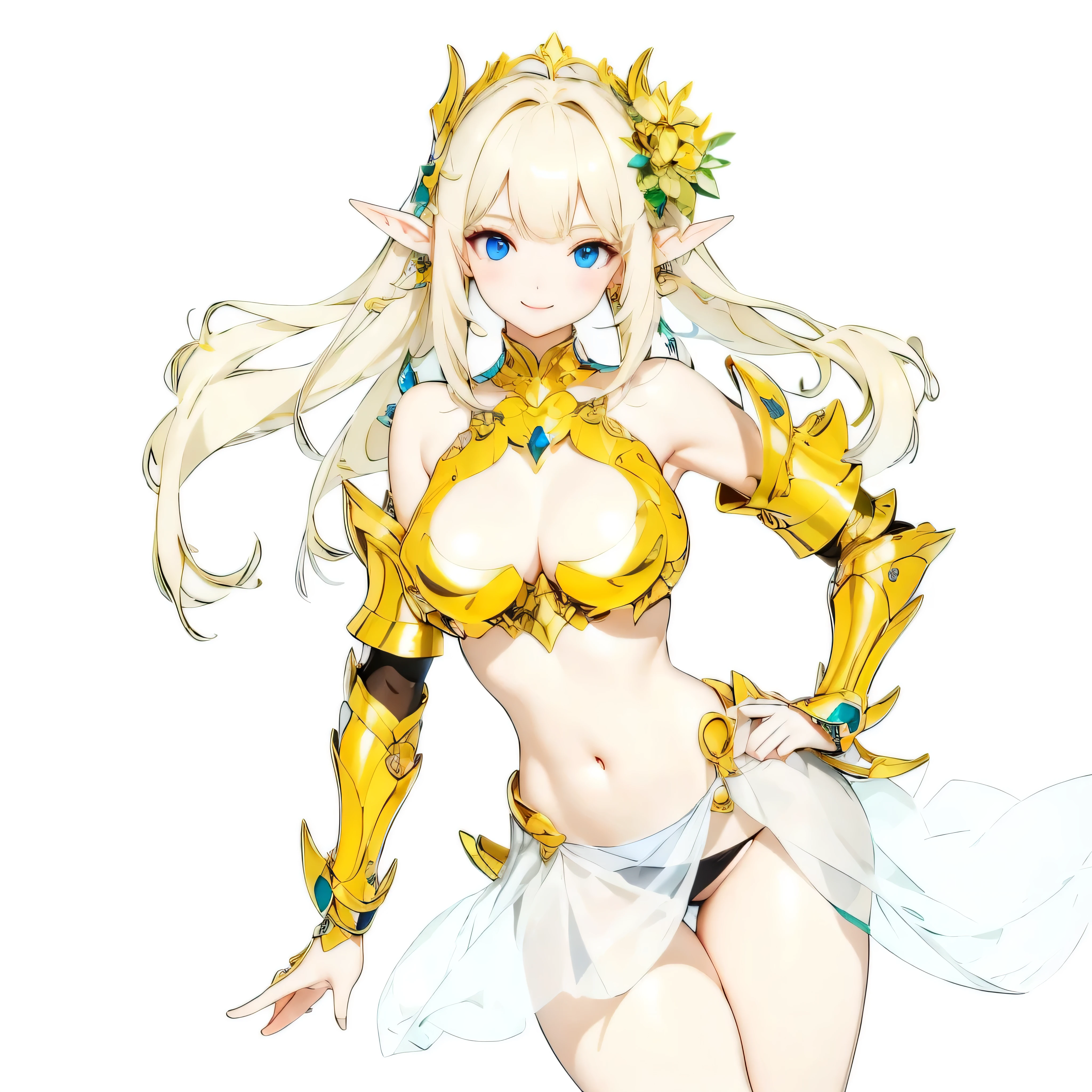​masterpiece、ultra-quality、extremely transparent skirts、Very transparent bra、Full body like、nudde、no-bra、Very slender、Anime girl with blonde hair and gold armor posing ?????、anime girl with a very big ?????? and a very big ??????、Elven Girl、anime goddess、Perfect Style、The fleshy feeling of whip、a blond、Blue eyes、alluring elf princess knight、Very open ?????、oppai proportions、(Exposed seductive attractive cleavage:1.3)、teats、You can almost see the ??????、????? anime style、Glittering golden armor、Angel Smile、angelic golden armor、Glamorous ?????? armor、Beautiful fingers、Gold hair ornament、???? body、Emphasizes cleavage