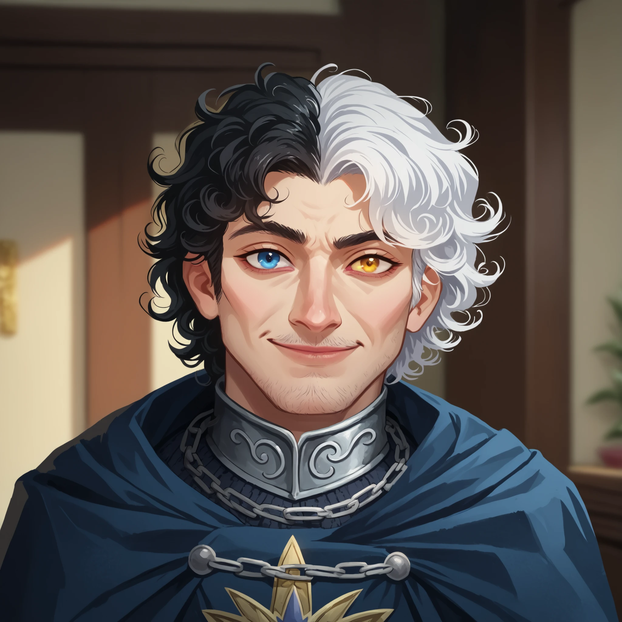 (((beautiful, high quality, comics style, detailed face))), score_9, score_8_up, score_7_up, masterpiece, best quality, unrealistically high details, extremely high quality, ultra-high detail, good anatomy, rating_explicit, perfect anatomy, anatomically correct hands:1.5, blurred background, detailxl, DeepNegative_xl_v1, zPDXL3, Score_PnyReal, deep_negative_pony, ((upper body, portrait)) BREAK nobleman, knight, human, 22yo male, hispanic, latin appearance, (messy curly hair, short hair, split-color hair, black hair, white hair, heterochromia, golden eyes, blue eyes, two-tone hair), BREAK wears a chain mail, blue tabard, ((facing the viewer)), confident smile, BREAK, detailed face natural, expressive face, grand hall, winter weather, moonlit night through large gothic windows, holiday theme BREAK (expressive face, expressive body, expressive emotions, dynamic pose, intense gaze, lively eyes, detailed facial expression, engaging presence:0.5)