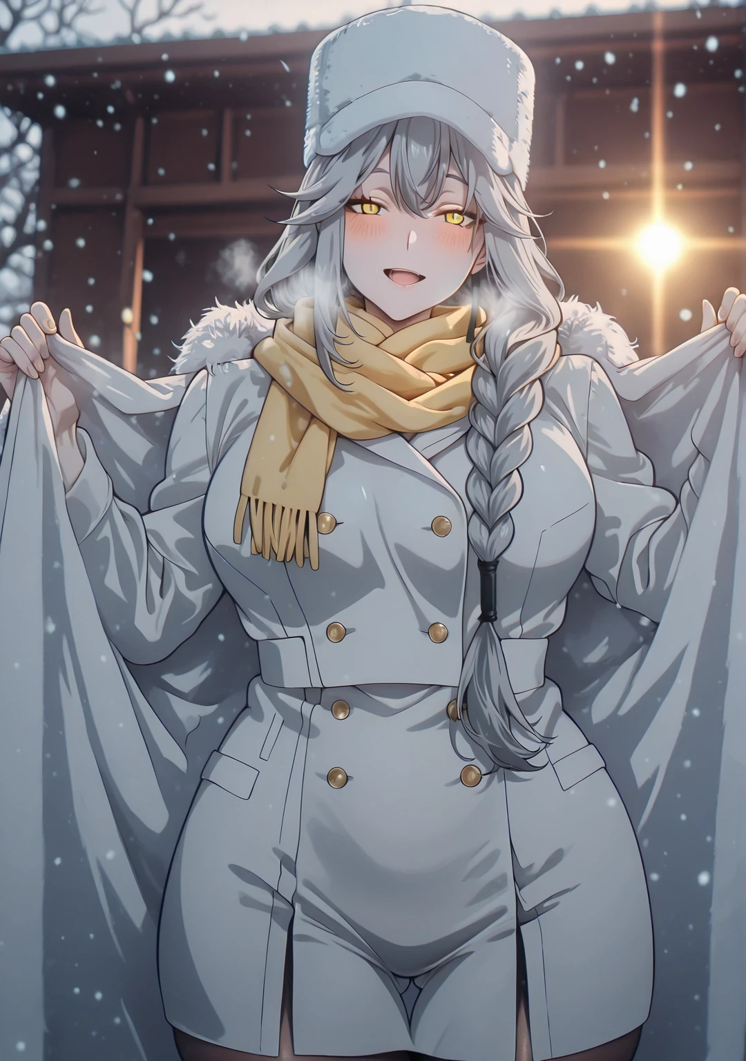 Meteor, Manhwa, L_Cation2, babu-style, Hgk, (toi8-style:1.5), (jeneral-style:1.2), (haikawa_hemlen-style:1.4), (saintshiro-style:1.3), (andrian_januar_adilia-style:1.2), ((anime coloring, anime screencap)), shiny skin, Hand drawn, cinematic, Sharp focus, humorous illustration, big depth of field,(cellulite:1.2) Masterpiece, ((cinematic, backlighting)), concept art, trending on artstation, Vivid colors, Simplified style, trending on ArtStation, trending on CGSociety, Intricate, Vibrant colors, Soft Shading, Simplistic Features, Sharp Angles, Playful, (voluptuous body:1.4), (mature female:1.4), ((anatomical correct)), perfect body, perfect eyes, perfect fingers, gasping, heavy breathing, gasping profusely, (()), ((curvy, thigh gap)), long hair,grey hair,braid,yellow eyes, bright pupils, plump, 1girl, scarf, solo, hat, smile, coat, chromatic_aberration, blush, , facing_viewer, white_coat, pantyhose, winter_clothes, long_sleeves, yellow_scarf, outdoors, buttons, blurry, hands_up, fur_hat, blurry_background, white_headwear, open_mouth, cold, breeze