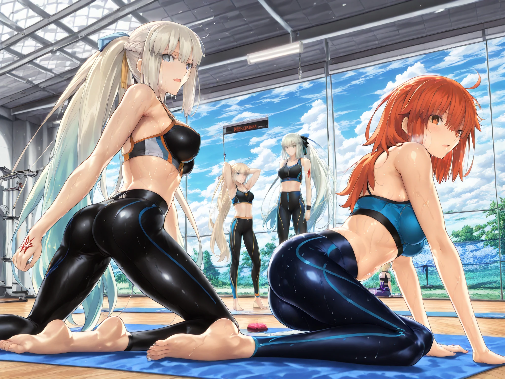 (masterpiece:1.1), (Highest Quality:1.1), (Super Detailed:1.1), (Fate/Grand Order style:1.3), (Thickly painted anime style:1.2), (anime style:1.25), takeuchi takashi,
(3girls:1.3), ((Fate/Grand Order)),
((steamy hot-yoga studio))
((sensual and synchronized yoga atmosphere)),
((personA: Morgan le Fay (Fate):1.4)),
((personB: Fujimaru Ritsuka (female), aaritsuka:1.4)),
((personC: Mash Kyrielight:0.7)),
((2girls in perfect synchronized same yoga pose on plain mat:1.1)),
((barefoot)), ((sports bra)), ((high-waist teal leggings)), (sweat),
((diagonal composition)), Voluptuous breasts, plump hips