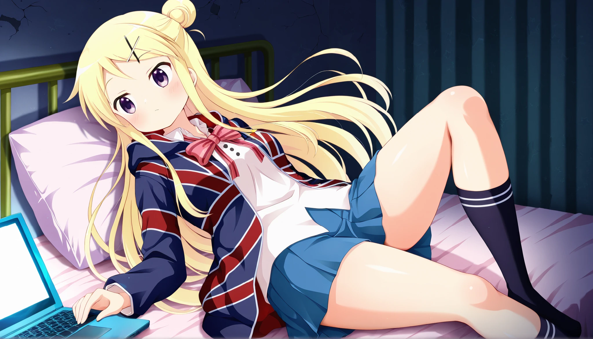 blonde hair, bow, bowtie, breasts, floating hair, hair bun, hair ornament, hairclip, jacket, kin-iro mosaic, kujou karen, long hair, medium breasts, moegi high school uniform, purple eyes, school uniform, shirt, single hair bun, skirt, star (symbol), union jack, x hair ornament, <lora:kujou_karen_pony_v1:1>,thick thighs,1girl, high school dropout, living in the school infirmary, messy hair, sitting on the bed, laptop and personal belongings around her, lying on bed,knee up,bored expression, dim lighting, messy room, anime style, high quality, illustration, detailed eyes.