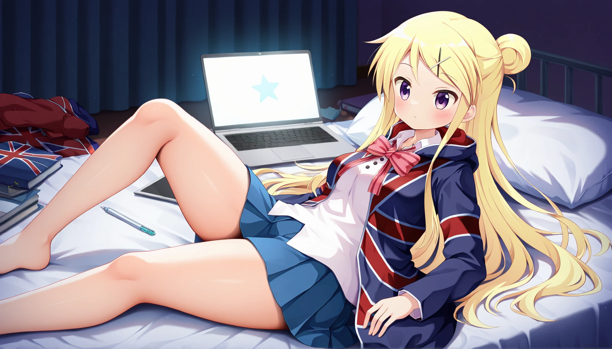 blonde hair, bow, bowtie, breasts, floating hair, hair bun, hair ornament, hairclip, jacket, kin-iro mosaic, kujou karen, long hair, medium breasts, moegi high school uniform, purple eyes, school uniform, shirt, single hair bun, skirt, star (symbol), union jack, x hair ornament, <lora:kujou_karen_pony_v1:1>,thick thighs,1girl, high school dropout, living in the school infirmary, messy hair, sitting on the bed, laptop and personal belongings around her, lying on bed,knee up,bored expression, dim lighting, messy room, anime style, high quality, illustration, detailed eyes.