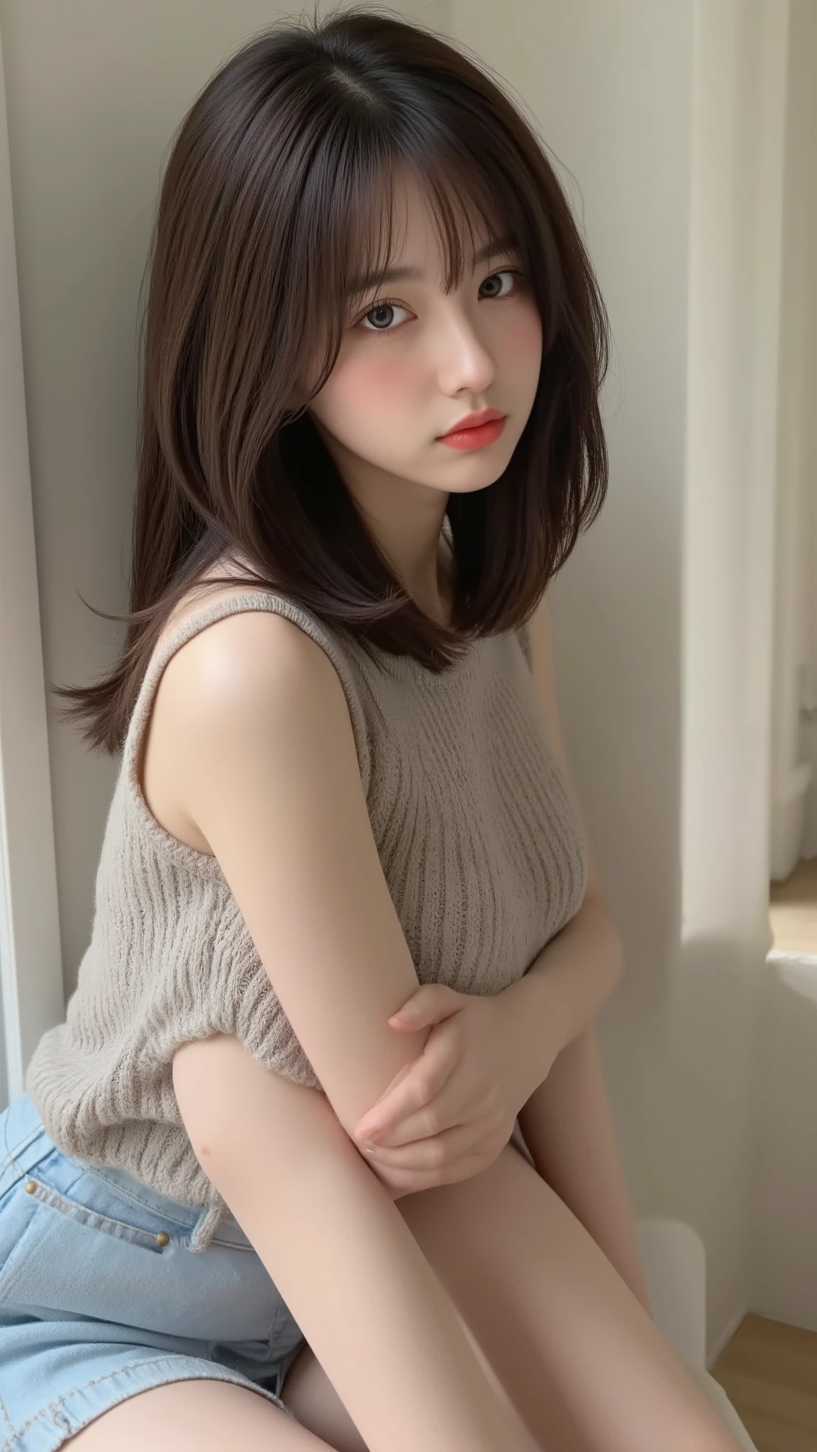 (( 1 girl)), woman, masterpiece, best quality, best quality, cinematic lighting , (Volumetric Lighting), very detailed CG unity 8k wallpaper, Concentrated, 8k wallpaper, very detailed, super real, Photorealistic, sharp concentration, is ridiculous, ( high resolution:1.2), ( high contrast), photos, detailed and complicated, Instagram , portrait, high definition , digital painting , ART STATION, concept art , smooth, sharp concentration, illustration, cinematic lighting , ((( skinny, Thin legs))), ( Japanese idol pose to close their legs), ( knit strap tank top, miniskirt, Open Shoulder , open , ), is staring at the viewer, ((Indian Pose)), ((Medium body shot , Hip Level Shots )), long hair, (( is leaning )), beautiful eyes.