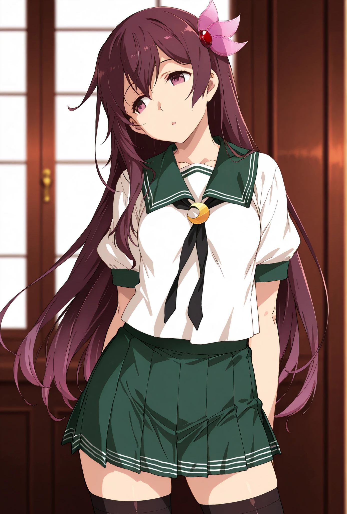 Kisaragi \(kancolle\), (kantai collection),, score_9, score_8_up, score_7_up, source_anime, top quality, , Official Art, viewers, masterpiece, ultra-HD, high detail, depth of field, top quality, 8k, top quality, ergonomic,Official Art, 1 girl,solo, anime keyvisual, slender, Sessyu Style,
white shirt, green sailor collar, short sleeves, pleated green skirt, hair ornament, black ribbon, black thighhighs, crescent pin, 
 
