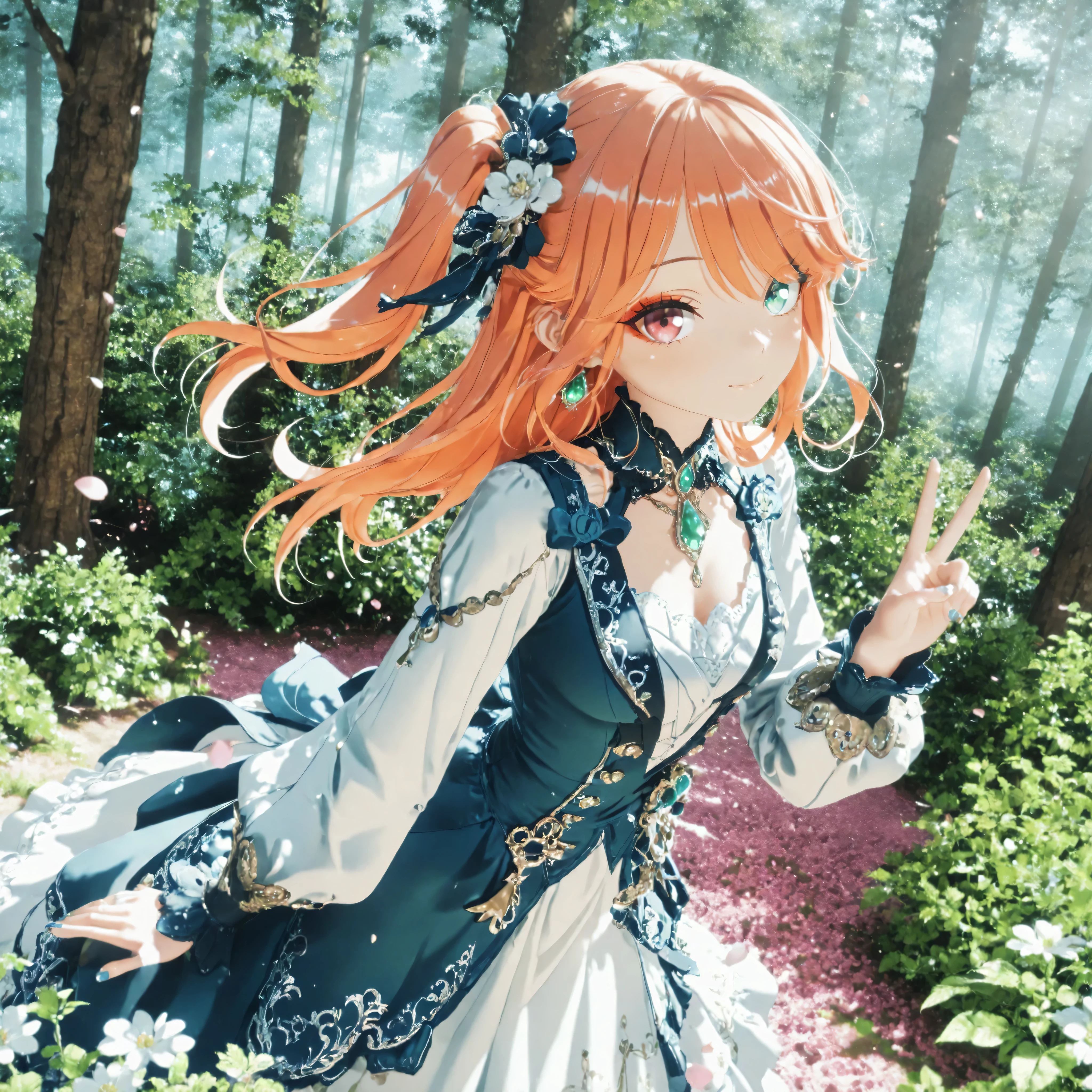 4k resolution, masterpiece after sex，8k ，3D，Exquisite modelling，wallpaper，detailed background，Highest Resolution，Best Quality，HD Image Quality， top quality，Best CG，Best Art，Ultra Accurate Art，I pay attention to every detail，ultra-fine rendering style，forest，There are pink petals falling in the air，summer，Fresh ambience, natural light, early morning vibe,The character stands in the middle of the picture，{a pretty girl}，Twenties，lively，Smart，Playful，With a light smile on his face， Beautiful Facial Features ，{Clean face}，（orange hair，Side bangs），（Side Ponytail，gradient green tinting：1.6），（精美的aqua blue水晶羽毛发饰），（Wear a luxurious white European aristocrat dress，衣服上有aqua blue的飞鸟状花纹，and green gemstone accessories），[ heterochromatic eyes： (Left Eye：aqua blue)， (Right Eye：dark red) ]，（golden eyeshadow：1.7），{pretty hands}，{ normal hands}，（holding a peace sign up near her face with her right hand：1.5），natural sagging left hand，tilt your head and body slightly forward to the right