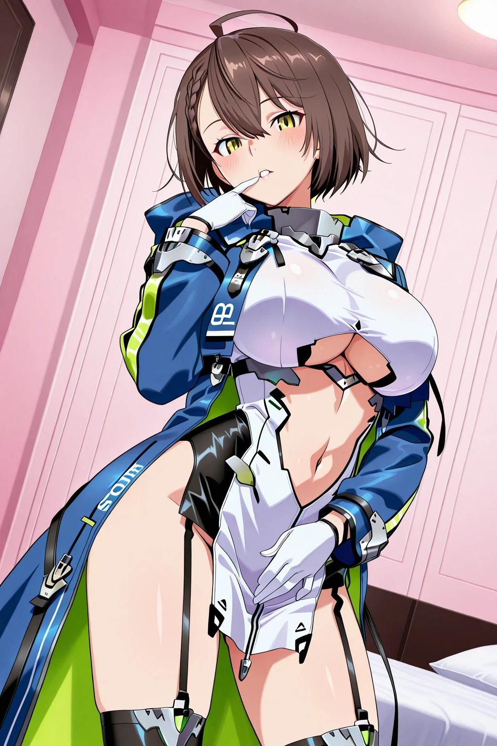 masterpiece, best quality, highres, aabalti, short hair, ahoge, french braid, hooded coat, blue coat, open coat, underboob cutout, center opening, long sleeves, white gloves, garter straps, pelvic curtain, thighhighs, <lora:baltimore_v1:0.7>, cowboy shot, standing, outdoors, smile