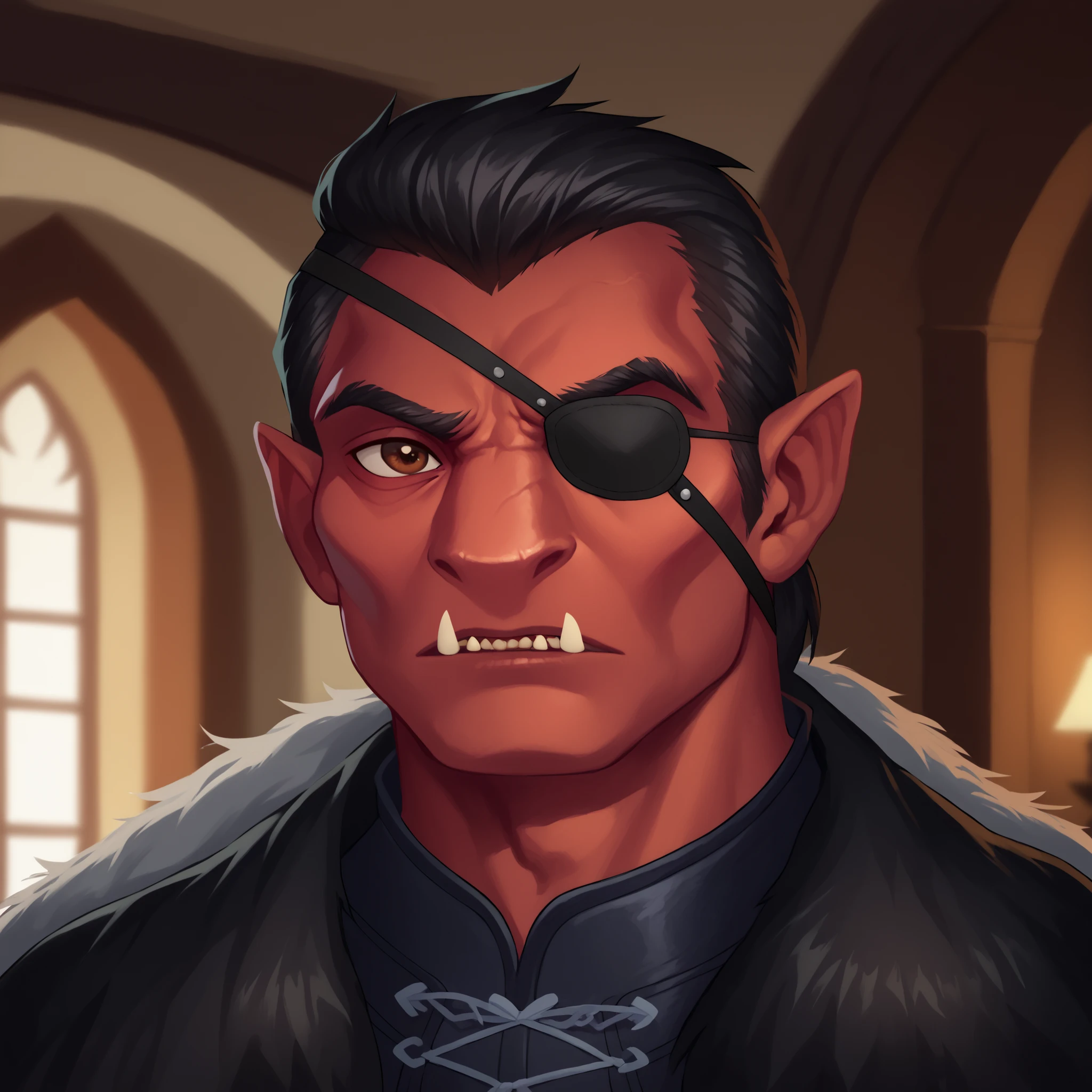 (((beautiful, high quality, comics style, detailed face))), score_9, score_8_up, score_7_up, masterpiece, best quality, unrealistically high details, extremely high quality, ultra-high detail, good anatomy, rating_explicit, perfect anatomy, anatomically correct hands:1.5, blurred background, detailxl, DeepNegative_xl_v1, zPDXL3, Score_PnyReal, deep_negative_pony, ((upper body, portrait)) BREAK 25yo male, hobgoblin, red skin, fangs, big nose, (spiky black hair, brown eyes), eye-patch on the left eye BREAK muscular, jacked, large shoulders, wears a black leather-armor, black fur cape, ((facing the viewer)) BREAK, detailed face natural, expressive face, grand hall, winter weather, moonlit night through large gothic windows, holiday theme BREAK (expressive face, expressive body, expressive emotions, dynamic pose, intense gaze, lively eyes, detailed facial expression, engaging presence:0.5)