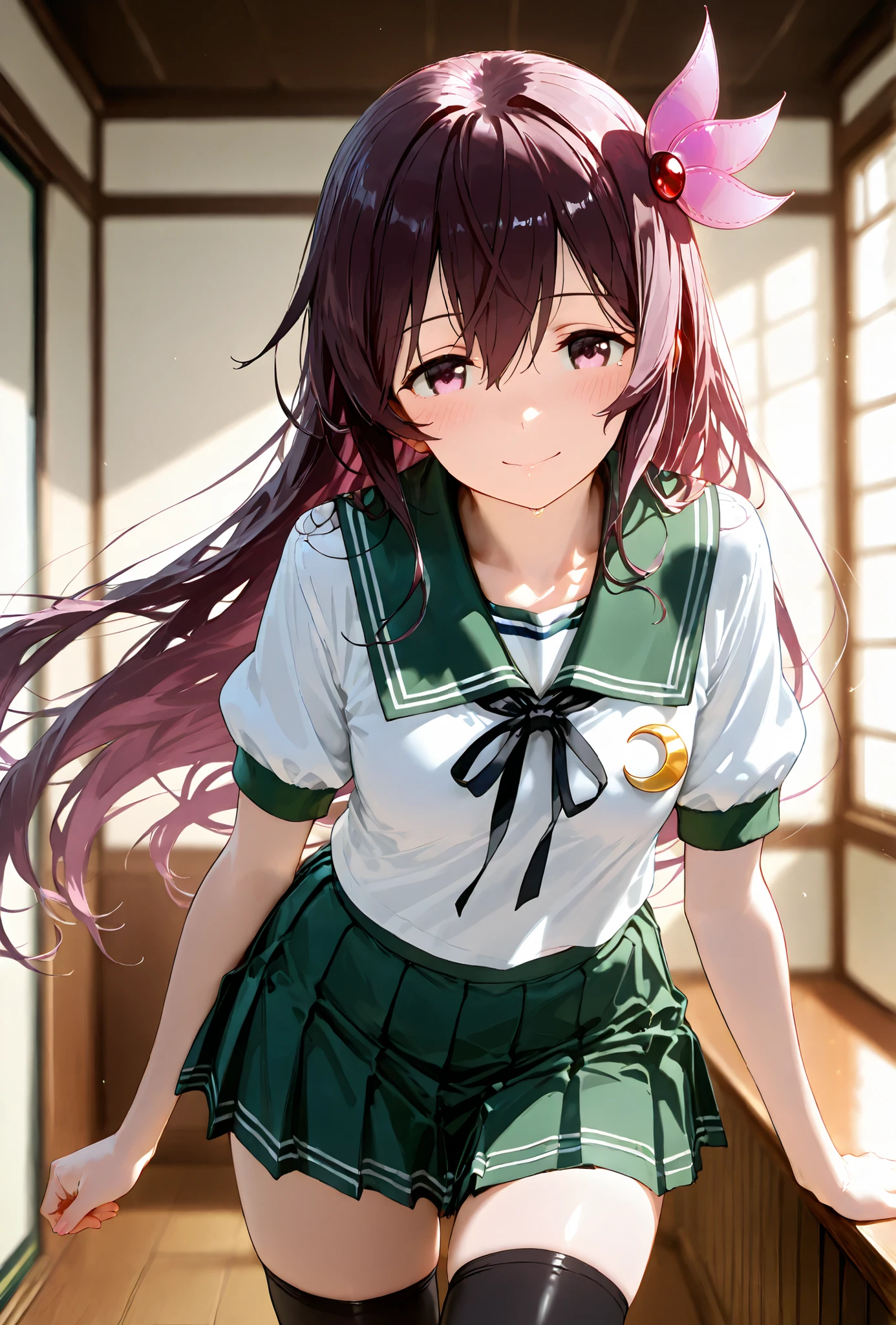 Kisaragi \(kancolle\), (kantai collection),, score_9, score_8_up, score_7_up, source_anime, top quality, , Official Art, viewers, masterpiece, ultra-HD, high detail, depth of field, top quality, 8k, top quality, ergonomic,Official Art, 1 girl,solo, anime keyvisual, slender, 
white shirt, green sailor collar, short sleeves, pleated green skirt, hair ornament, black ribbon, black thighhighs, crescent pin, 
 
