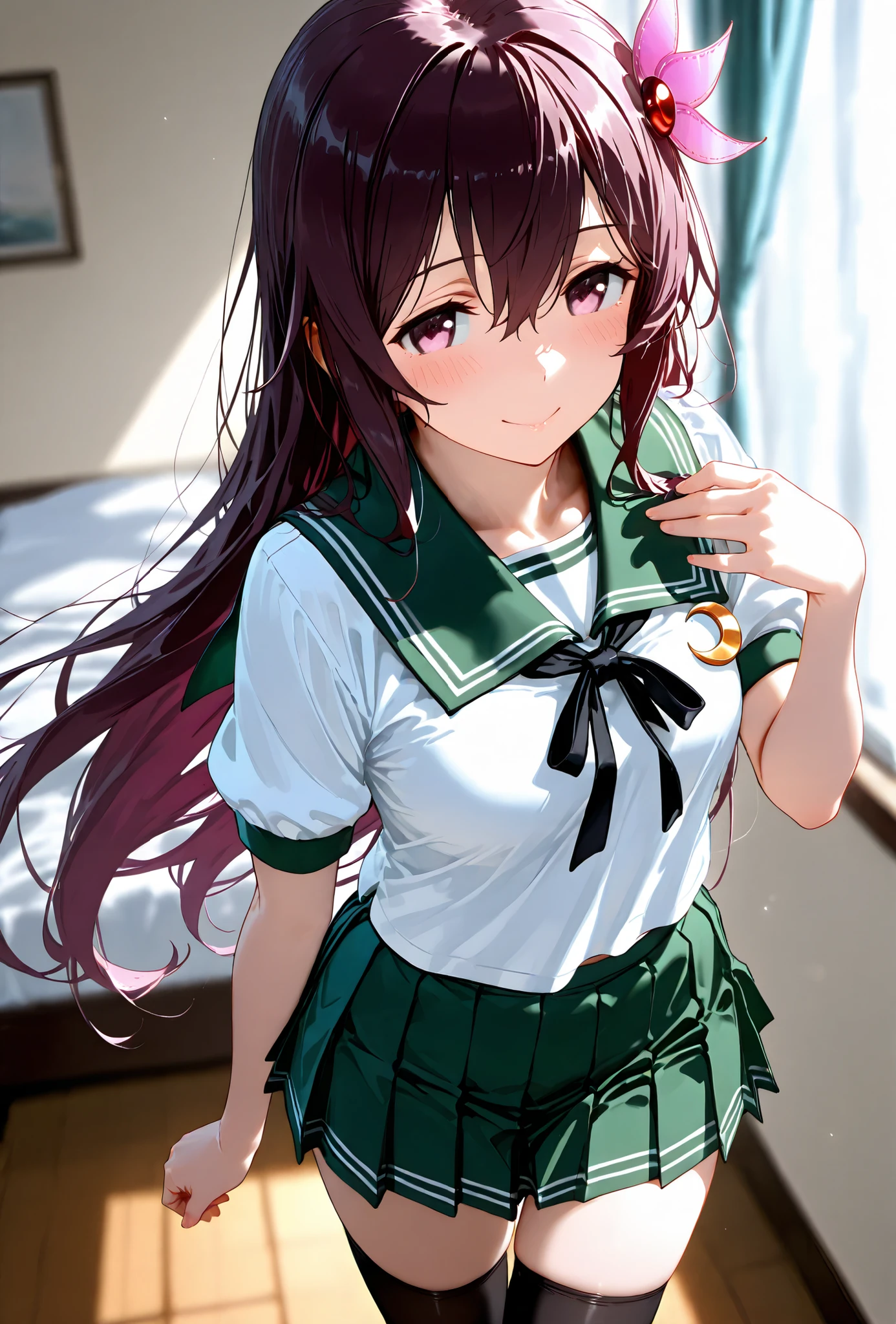 Kisaragi \(kancolle\), (kantai collection),, score_9, score_8_up, score_7_up, source_anime, top quality, , Official Art, viewers, masterpiece, ultra-HD, high detail, depth of field, top quality, 8k, top quality, ergonomic,Official Art, 1 girl,solo, anime keyvisual, slender,
white shirt, green sailor collar, short sleeves, pleated green skirt, hair ornament, black ribbon, black thighhighs, crescent pin,