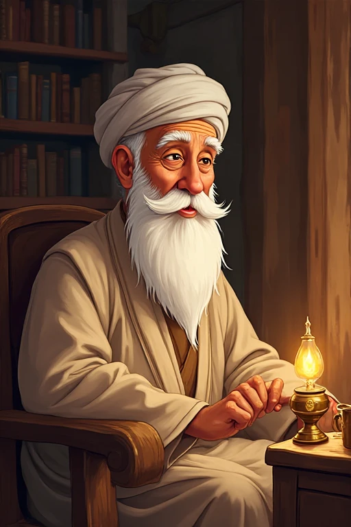 A old man ubqari style sitting on mimbar cartoon style