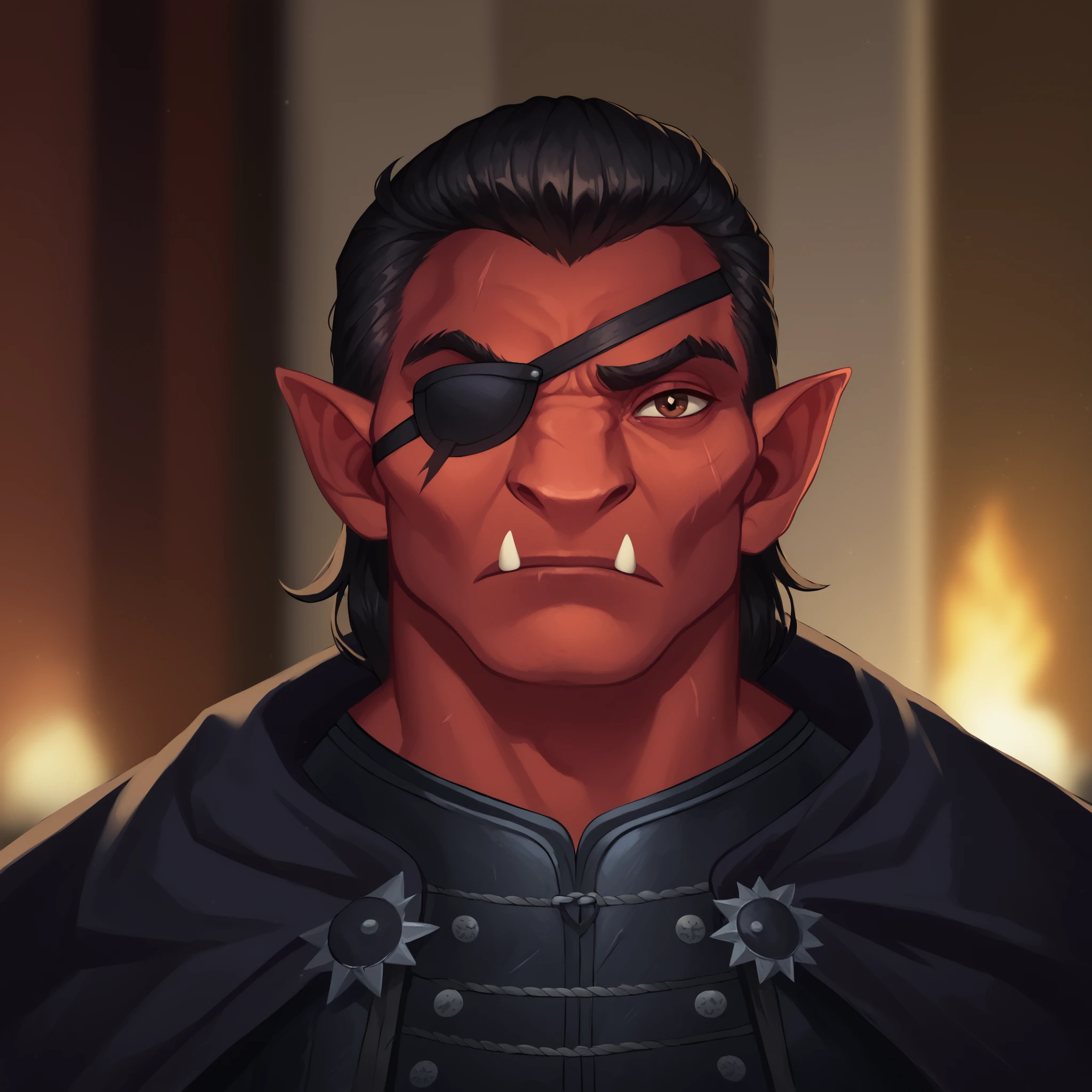 (((beautiful, high quality, comics style, detailed face))), score_9, score_8_up, score_7_up, masterpiece, best quality, unrealistically high details, extremely high quality, ultra-high detail, good anatomy, rating_explicit, perfect anatomy, anatomically correct hands:1.5, blurred background, detailxl, DeepNegative_xl_v1, zPDXL3, Score_PnyReal, deep_negative_pony, ((upper body, portrait)) BREAK 25yo male, (hobgoblin, red skin, fangs), (short spiky black hair, brown eyes), eye-patch on the left eye BREAK muscular, jacked, large shoulders, wears a black leather-armor, black fur cape, ((facing the viewer)) BREAK, detailed face natural, expressive face, grand hall, winter weather, moonlit night through large gothic windows, holiday theme BREAK (expressive face, expressive body, expressive emotions, dynamic pose, intense gaze, lively eyes, detailed facial expression, engaging presence:0.5)