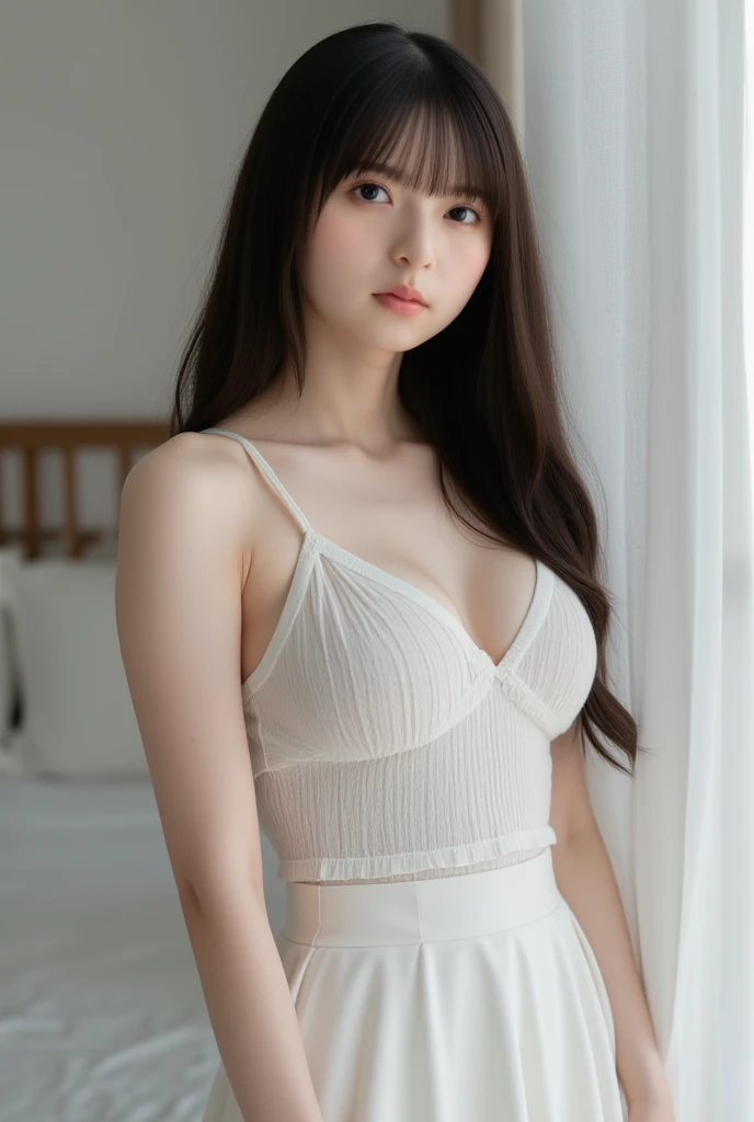 (8k, RAW photos, top quality, masterpiece: 1.2), ultra detailed, super resolution, (real, real photos: 1.37), portraits, high definition RAW color photos, professional photos, very detailed and beautiful, highly detailed, 8k wallpapers, amazing details, huge file size, official art, highly detailed CG Unity 8k wallpapers, highly detailed beautiful girls, highly detailed faces Highly detailed eyes, highly detailed skin, highly detailed fingers, highly detailed nose, highly detailed detailed mouth, perfect ???????, detailed background, detailed clothes, one girl, (20:1.2), 20s, cute girl, realistic body, petite, white skin, radiant skin, slim body, handsome body, black hair, long hair, (dull bangs: 1.2), smile, cute, youthful, , realistic face, Delicate eyes, sagging eyes, see-through, camera gaze, cowboy shot, front facing, contrapposto, dynamic lighting, super big, best quality, girl 1 person, (skin dent), (???????????), (night), dark, blurred background, indoor, love hotel, (long hair: 1.2), (maid clothes: 1.5), collar with chain, (floating hair: 1.5), (dynamic pose: 0 .8), soft lighting, opening legs in an M shape on the bed, blush,