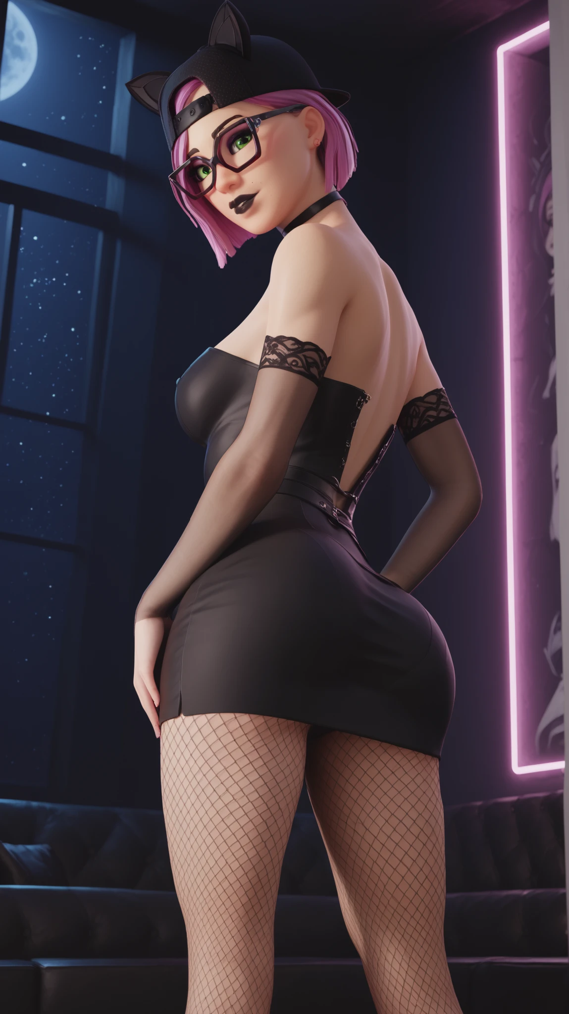 chica alone (masterpiece)3D,choker, black lipstick, black cap ,gray and black cat ears, night (Alone)corsage dress ,Strapless, fitted dress , fishnet pantyhose, night, night,beautiful darkroom, neon lights,black floor,perfect green eyes,short pink hair,glasses, looking back