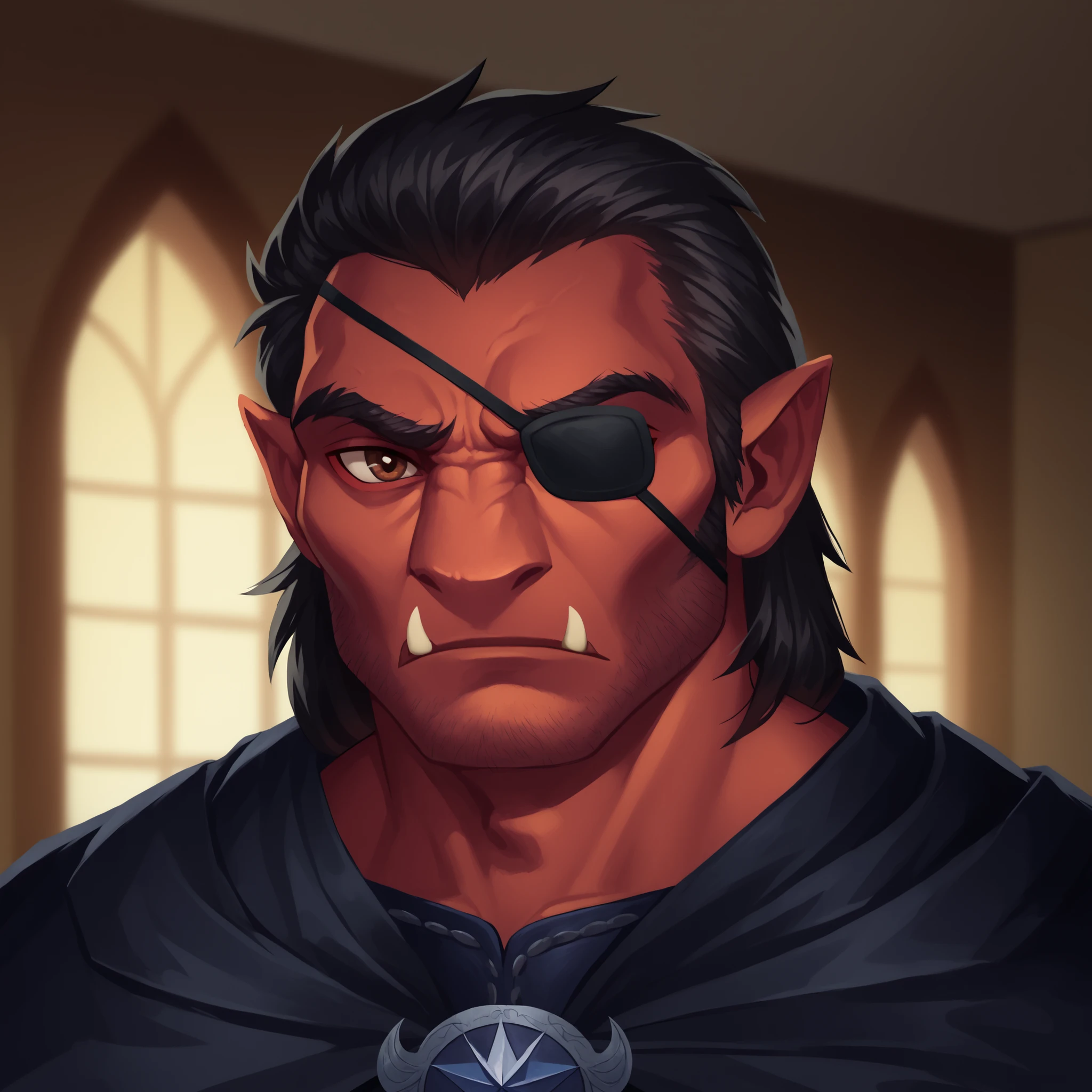 (((beautiful, high quality, comics style, detailed face))), score_9, score_8_up, score_7_up, masterpiece, best quality, unrealistically high details, extremely high quality, ultra-high detail, good anatomy, rating_explicit, perfect anatomy, anatomically correct hands:1.5, blurred background, detailxl, DeepNegative_xl_v1, zPDXL3, Score_PnyReal, deep_negative_pony, ((upper body, portrait)) BREAK 25yo male, (hobgoblin, red skin, fangs), (short spiky black hair, brown eyes), eye-patch on the left eye BREAK muscular, jacked, large shoulders, wears a black leather-armor, black fur cape, ((facing the viewer)) BREAK, detailed face natural, expressive face, grand hall, winter weather, moonlight night through large gothic windows, holiday theme BREAK (expressive face, expressive body, expressive emotions, dynamic pose, intense gaze, lively eyes, detailed facial expression, engaging presence:0.5)