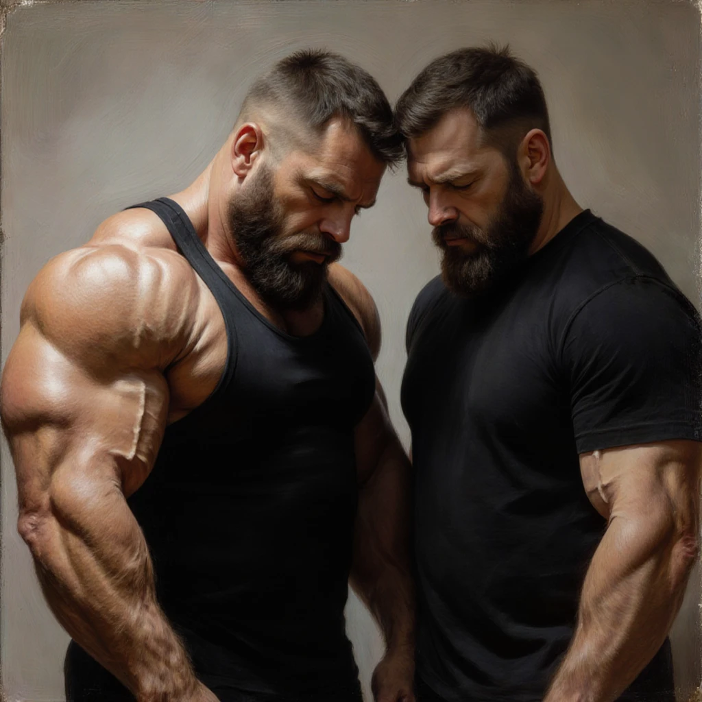 Award-winning original photos, 2men, wild muscular men, are the main focus, burly, hunk, sitting on the laps, warping arms around their necks, wearing tanktops, wearing grey sweatpants, daytime, hugging each other, looking at each other intimately, soft smile, dunamic angle, from the side, big muscular , bubble , massive boy , huge man , big , big , both men are ginger, wearing grey sweatpants, big in sweatpants, huge male , comically massive , world record biggest size, fondling , no , big man, jiggling , touching big in sweatpants, homosexual, huge , large , big , huge , ginormous , men with big