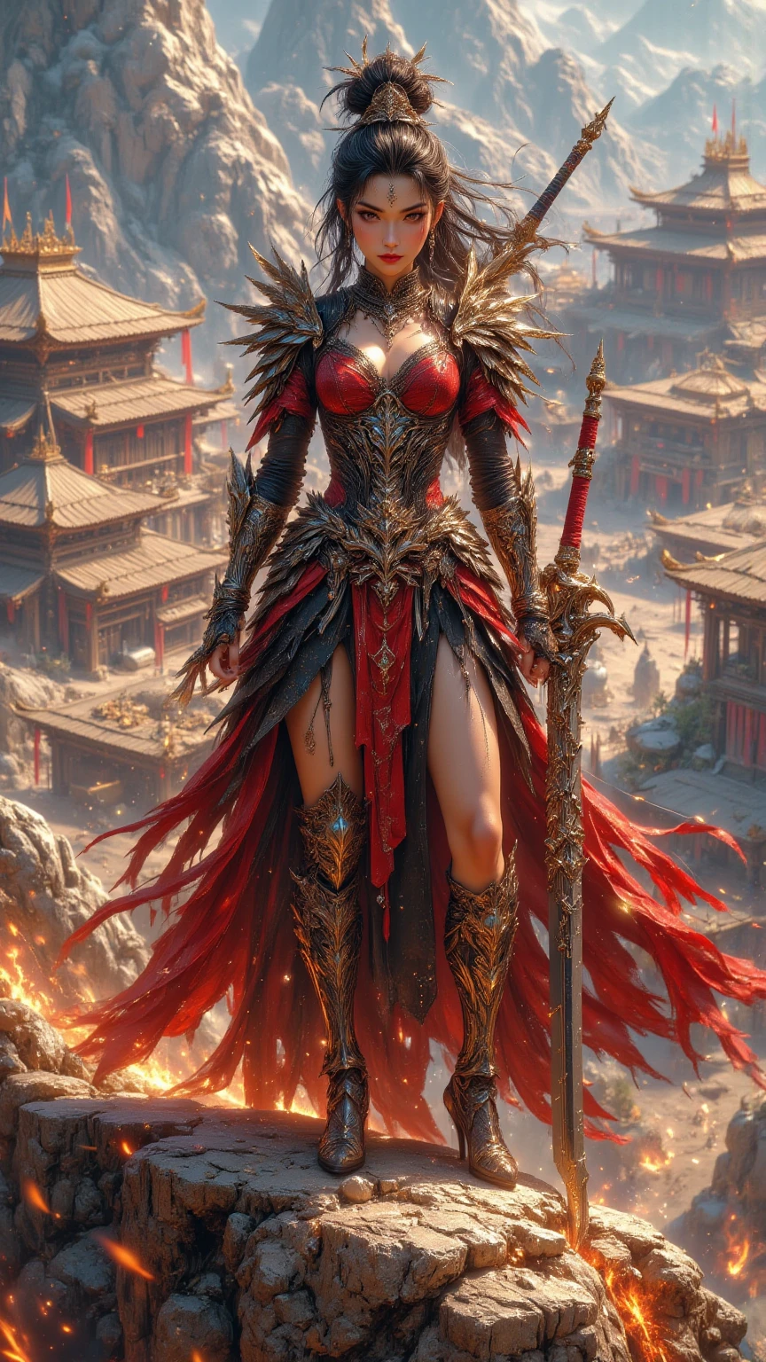 Ultra-realistic photo of a powerful big-breast fantasy beautiful Thai female full-armored heroine with long hair,evil sly smile,wearing highly detailed red and gold Royal-Thai pattern with metallic gold textures and weathered surface armored, ** Royal Thai ornament hat**, right hand holding a long gigantic royal Thai pattern-style glowing energy broad-sword , left fist to a camera ,cinematic lighting, sharp focus, shallow depth of field, high dynamic range, soft shadows, realistic materials, photo taken in a studio with fantasy heaven city background, 85mm lens, f/1.4, ISO 100, 8K photo