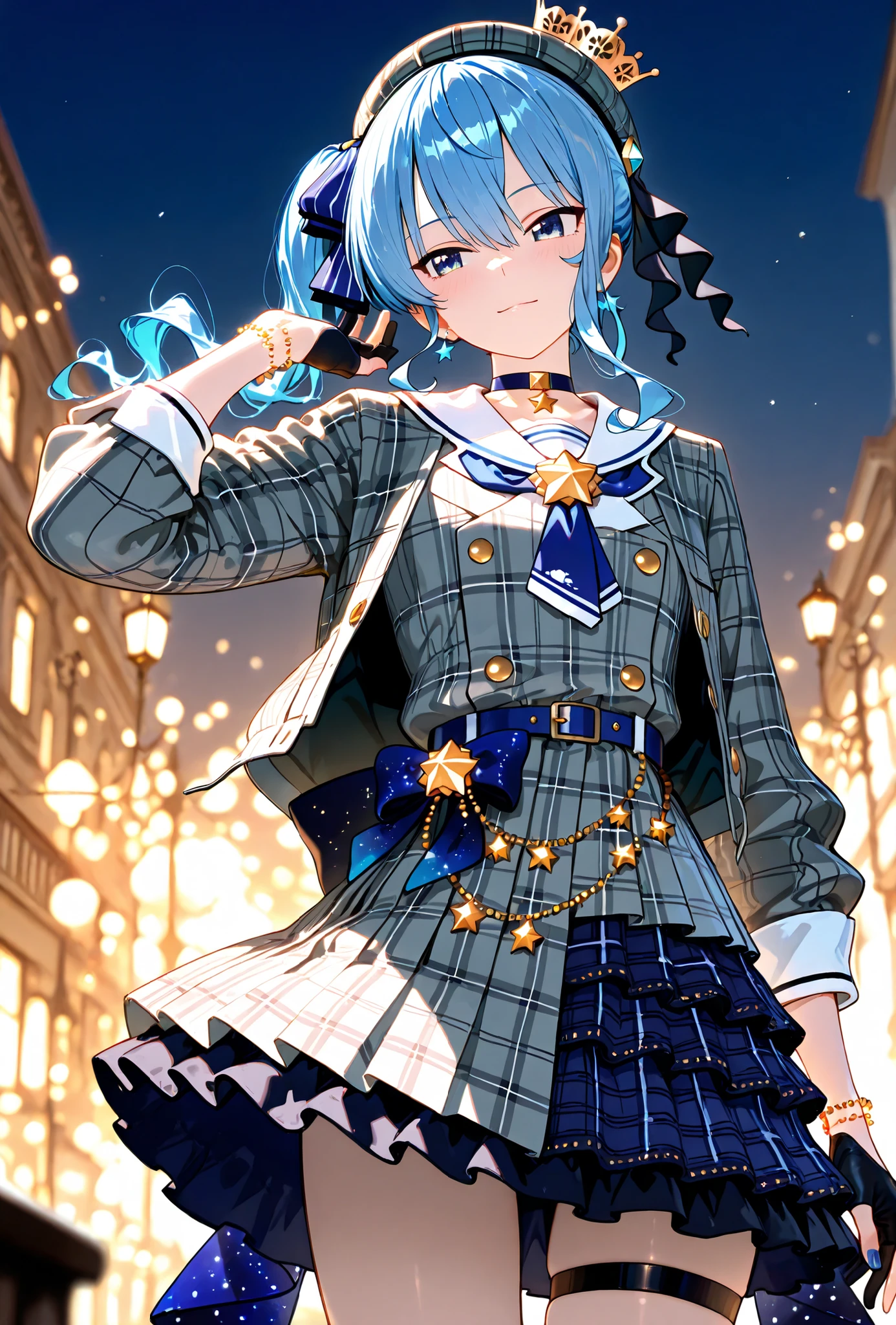 Hoshimachi Suisei, , score_9, score_8_up, score_7_up, source_anime, top quality, , Official Art, viewers, masterpiece, ultra-HD, high detail, depth of field, top quality, 8k, top quality, ergonomic,Official Art, 1 girl,solo, anime keyvisual, slender,
plaid beret, crown, blue star choker, star earrings, blue ascot, plaid jacket, grey jacket, white sailor collar, plaid skirt, grey skirt, layered skirt, blue skirt, partially fingerless gloves, star bracelet, uneven legwear, thigh strap