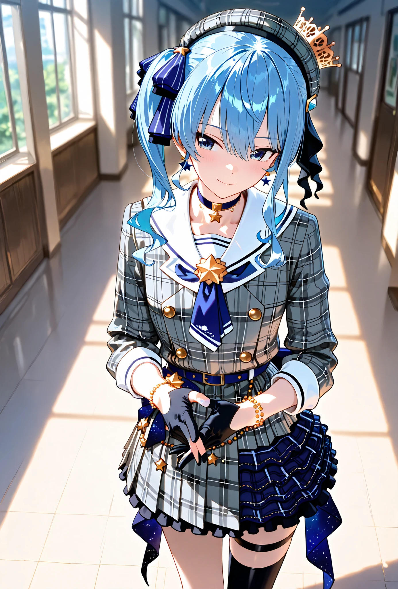 Hoshimachi Suisei, , score_9, score_8_up, score_7_up, source_anime, top quality, , Official Art, viewers, masterpiece, ultra-HD, high detail, depth of field, top quality, 8k, top quality, ergonomic,Official Art, 1 girl,solo, anime keyvisual, slender,
plaid beret, crown, blue star choker, star earrings, blue ascot, plaid jacket, grey jacket, white sailor collar, plaid skirt, grey skirt, layered skirt, blue skirt, partially fingerless gloves, star bracelet, uneven legwear, thigh strap