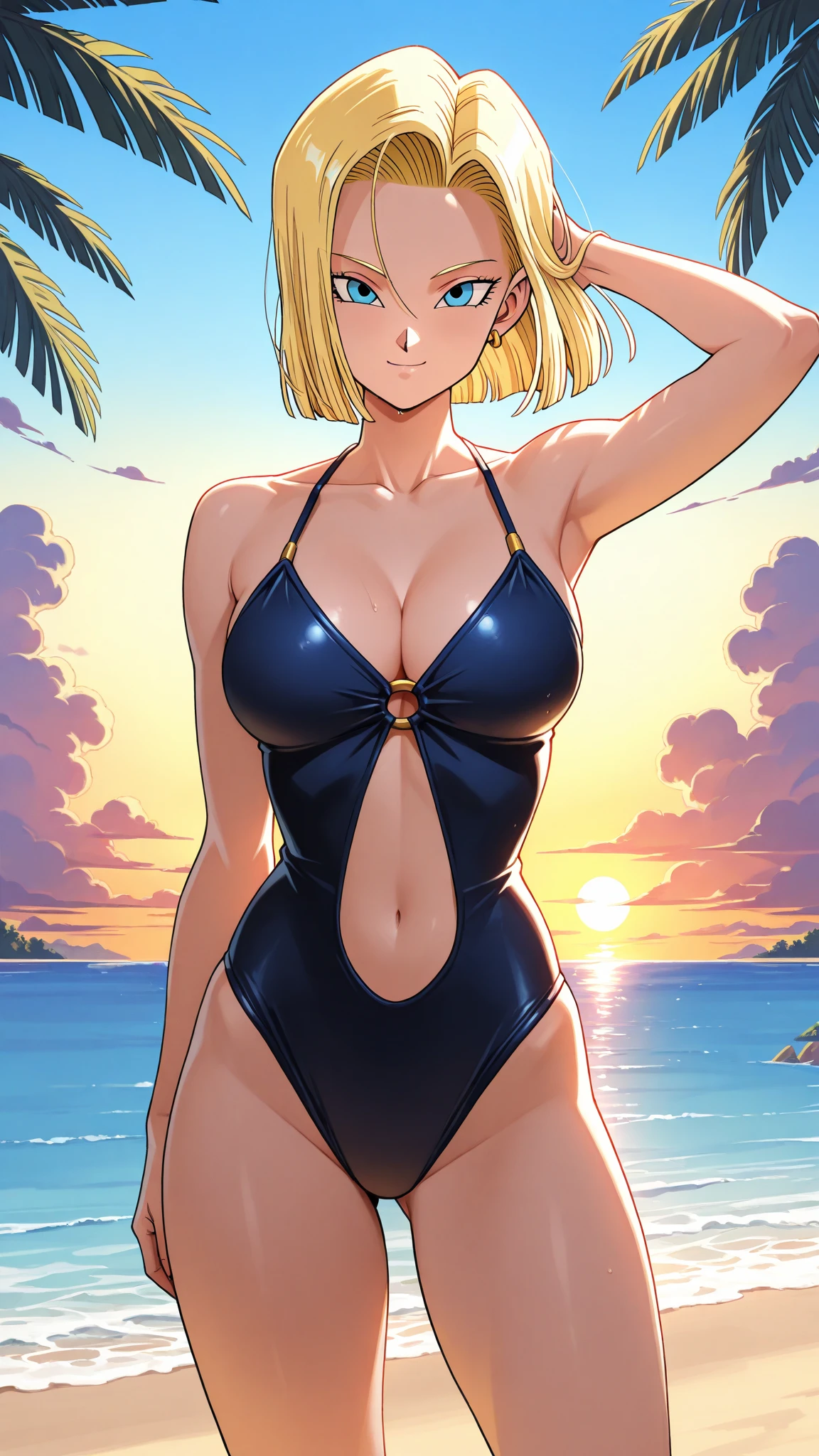 （（（masterpiece、Highest image quality、highest quality、highly detailed unity 8ｋwallpaper）））、（（Illustration of one girl））、（（（beautiful girl、cool）））、（（blonde、pixie cut：1.2、two side up、sidelocks、green eyes））、（（（tall、stocky build, thickset physique：1.3, muscular legs, broad shoulders, solid chest）））、swimsuit、sandy beach