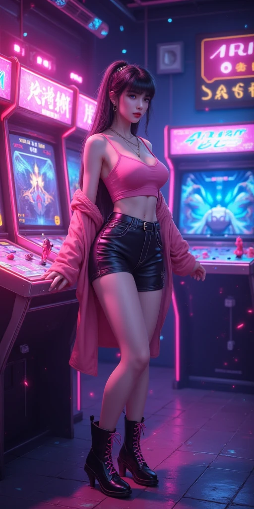 80s video game arcade, Full of vintage nostalgia. Various game consoles such as arcade cabinets and NES game consoles can be found everywhere. Halle Quinn with a baseball bat in her hand,She wears vibrant outfits,Tattooed with,(Best quality,4K,8K,A high resolution,Masterpiece:1.2),Ultra-detailed,Realistic:1.37,hdr,hyper HD,Studio lighting,Extreme detail description,professional,Vivid colors,Bokeh,sportrait,landscape,Vibrant colors,Glowing lights