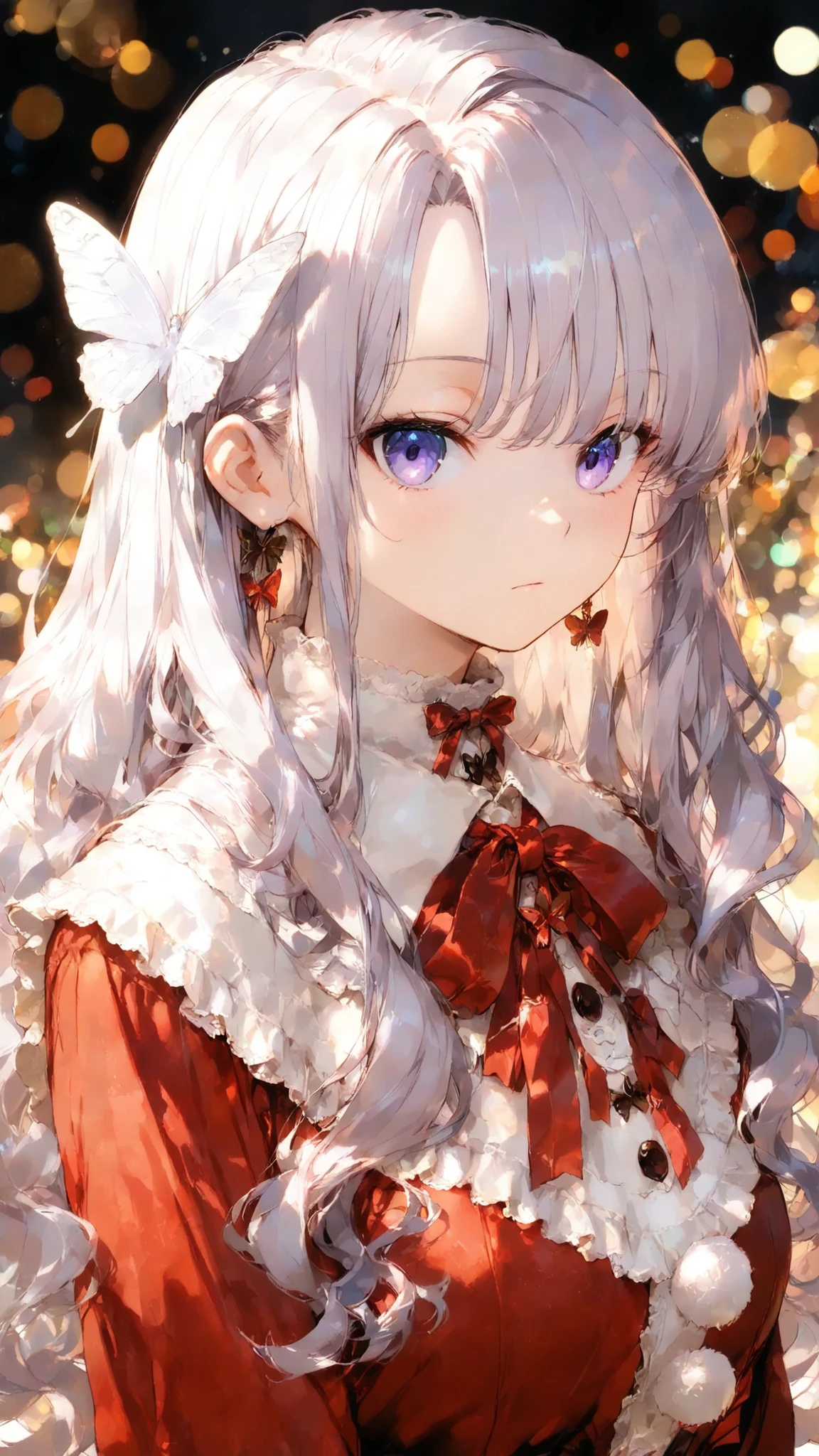 masterpiece, high quality, ultra-detailed, super high resolution, bokeh, absurdres
1 girl, pale violet hair, long hair, wavy hair, center parted bangs, fluffy bangs, voluminous bangs, airy bangs, soft parted bangs, face-framing strands, violet eyes, elegant posture, expressionless, white butterfly, santa dress, x-mas, christmas
