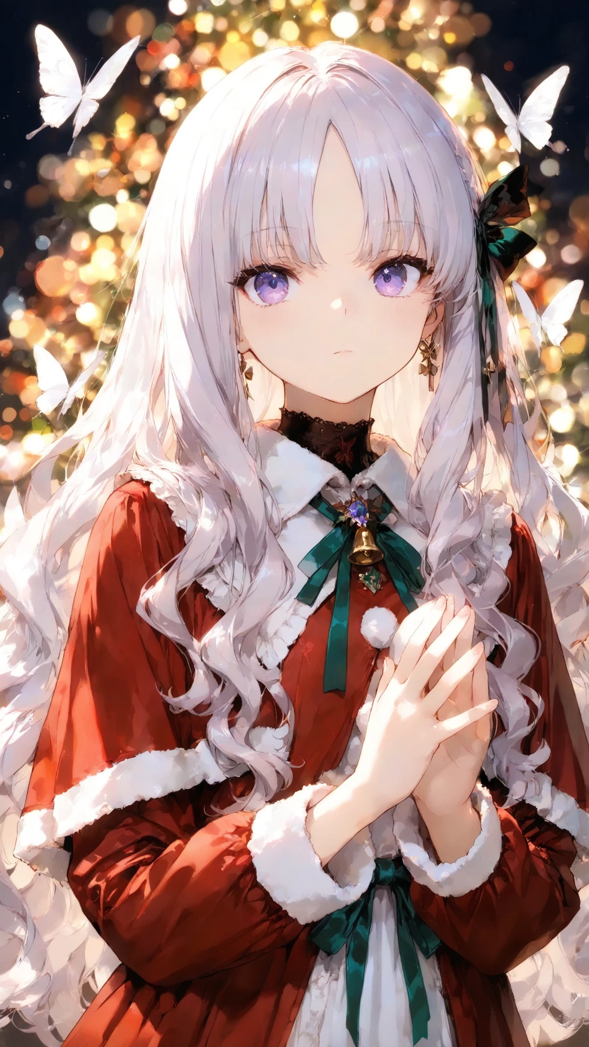 masterpiece, high quality, ultra-detailed, super high resolution, bokeh, absurdres
1 girl, pale violet hair, long hair, wavy hair, center parted bangs, fluffy bangs, voluminous bangs, airy bangs, soft parted bangs, face-framing strands, violet eyes, elegant posture, expressionless, white butterfly, santa dress, x-mas, christmas