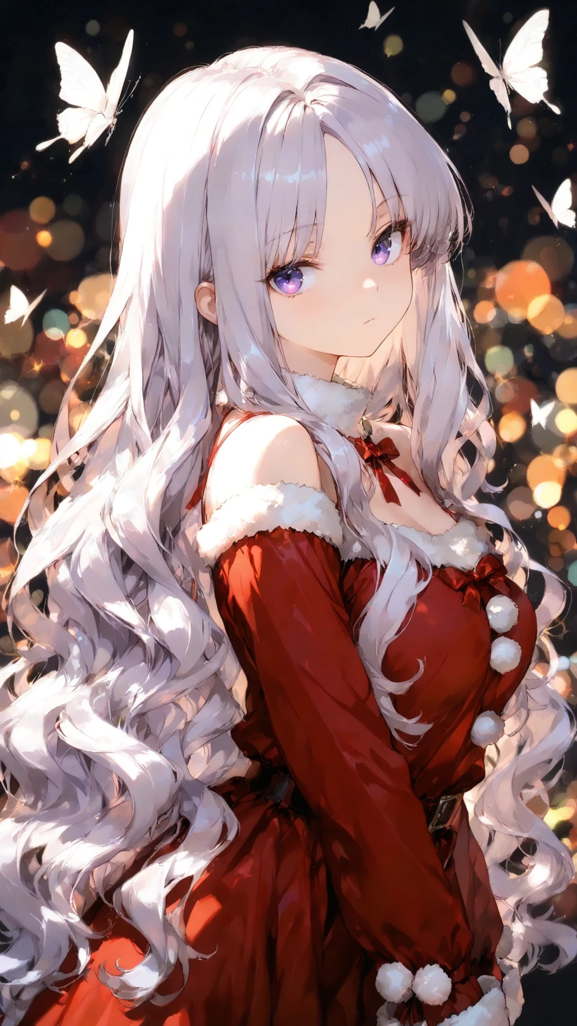 masterpiece, high quality, ultra-detailed, super high resolution, bokeh, absurdres
1 girl, pale violet hair, long hair, wavy hair, center parted bangs, fluffy bangs, voluminous bangs, airy bangs, soft parted bangs, face-framing strands, violet eyes, elegant posture, expressionless, white butterfly, santa dress, x-mas, christmas