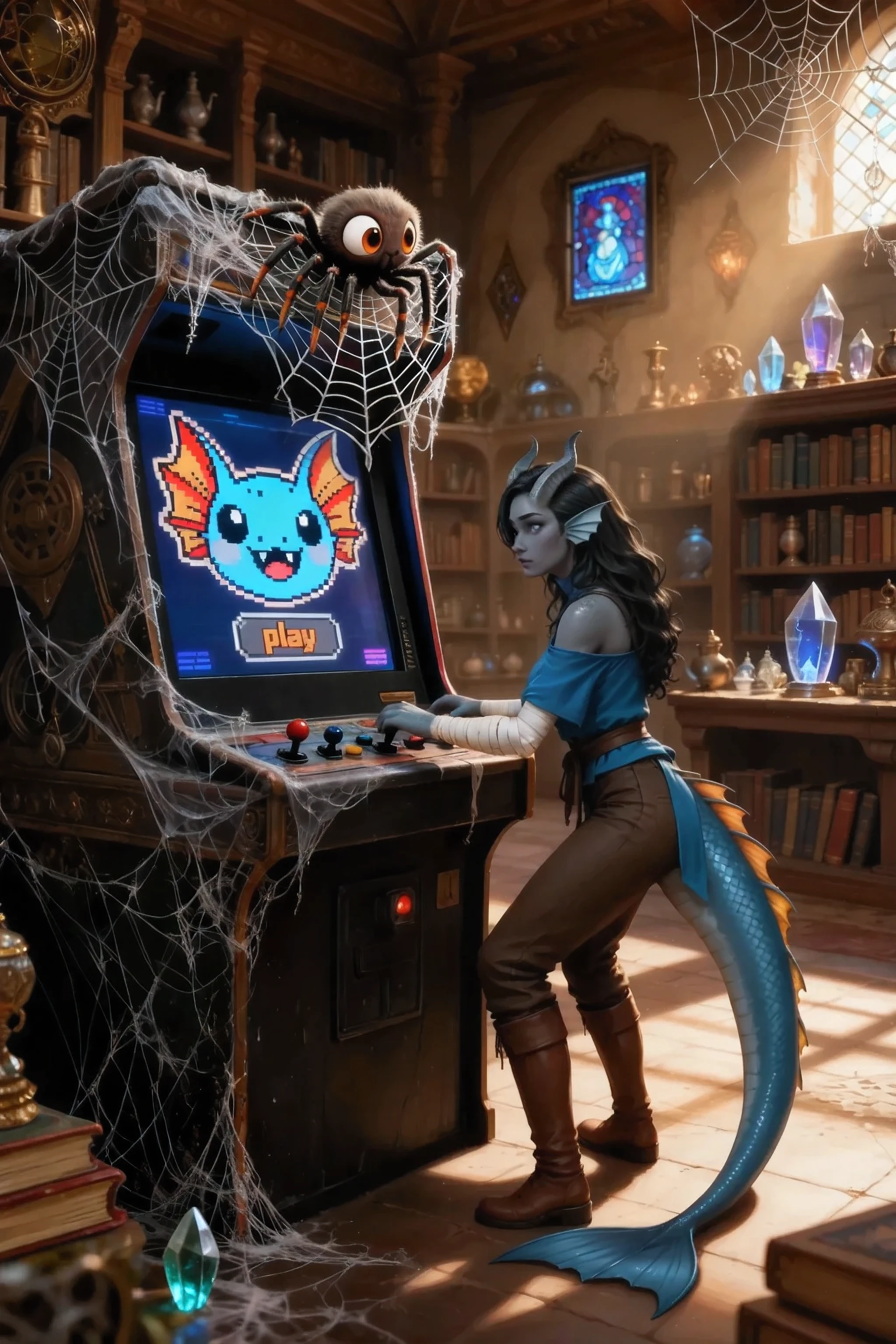 Contrast compartment Behind the arcade machine is Kedra, dark blue-gray skin , (yellow-orange crest on the tail:1.3), (pigmentation of the shoulder:1.2), (gray-blue hands:1.3), fins on her head, dark blue-gray horns, Loose black hair, bright blue eyes , hand bandages, ( Best hands ). (5 dark blue-gray fingers), against the background, a magical library in the morning light.
on the slot machine screen, the pixel face of the Character creature_Fuli with the pixel button: "play" below, in the style of the old 8bit. against the background of the ancient magic library hall with artifacts , magic screen and crystals and books and cobwebs in the corners, books and cobwebs are all around. an arcade machine very ancient and old, is also covered with cobwebs. warm sunlight falls on the. At the top is a cute spider on a web on an arcade machine. dark gloomy background, darkrain, Fanbackgrounds.
masterpiece, best quality, ultra-detailed, Cinematic emotional static frame, 8K UHD, extremely detailed, physical visualization, HDR. bright festive night lights on the background