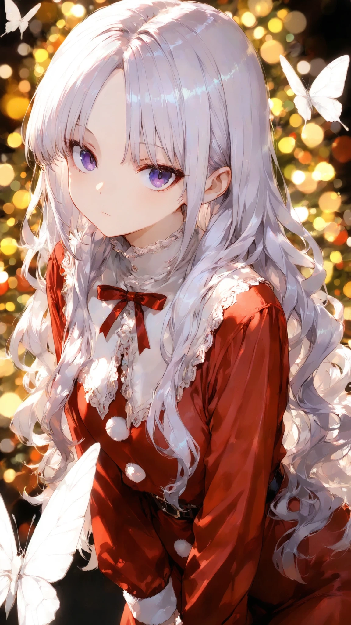 masterpiece, high quality, ultra-detailed, super high resolution, bokeh, absurdres
1 girl, pale violet hair, long hair, wavy hair, ((center parted bangs, fluffy bangs, voluminous bangs, airy bangs)), soft parted bangs, face-framing strands, violet eyes, elegant posture, expressionless, white butterfly, santa dress, x-mas, christmas