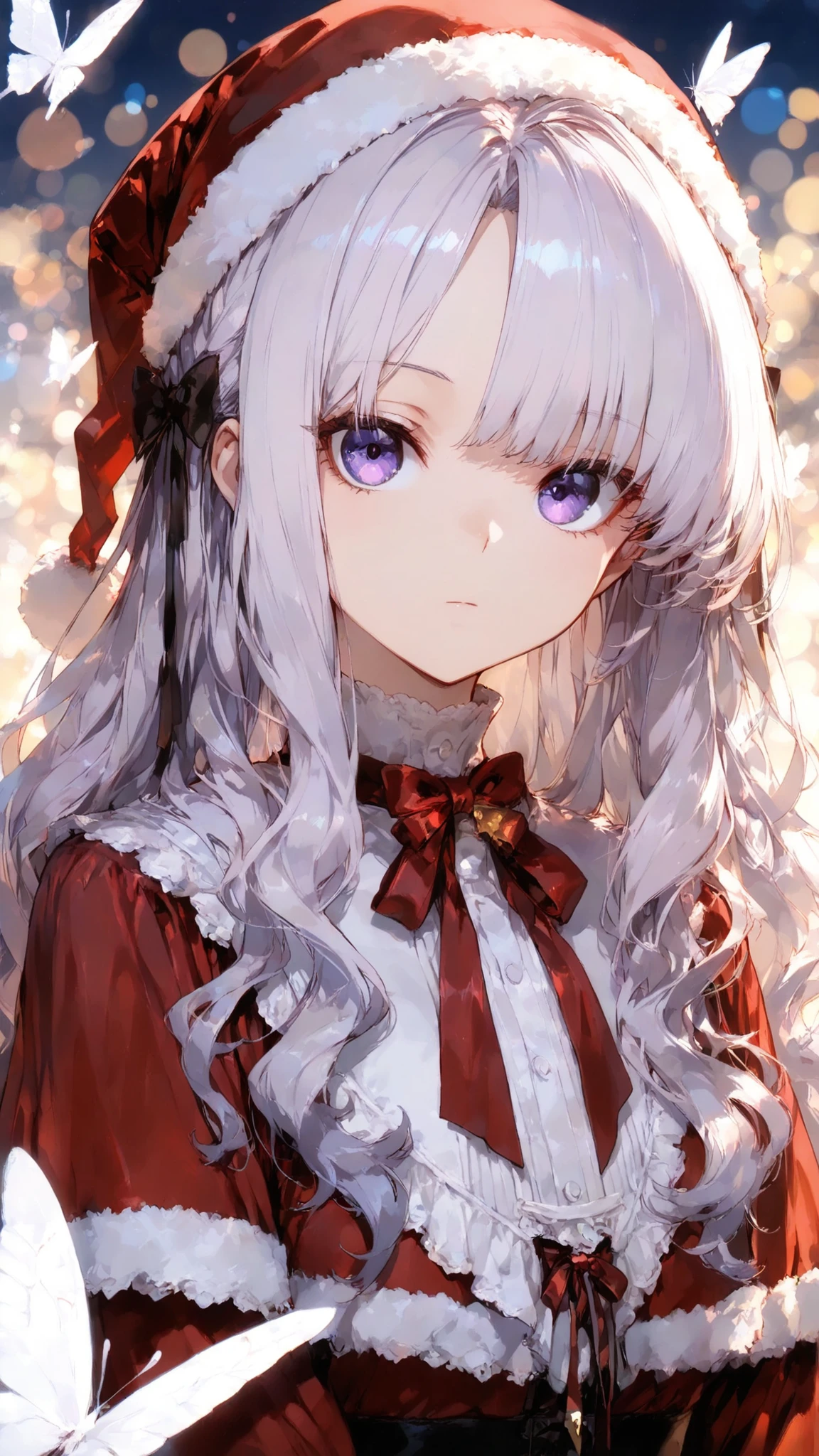 masterpiece, high quality, ultra-detailed, super high resolution, bokeh, absurdres
1 girl, pale violet hair, long hair, wavy hair, ((center parted bangs, fluffy bangs, voluminous bangs, airy bangs)), soft parted bangs, face-framing strands, violet eyes, elegant posture, expressionless, white butterfly, santa dress, x-mas, christmas