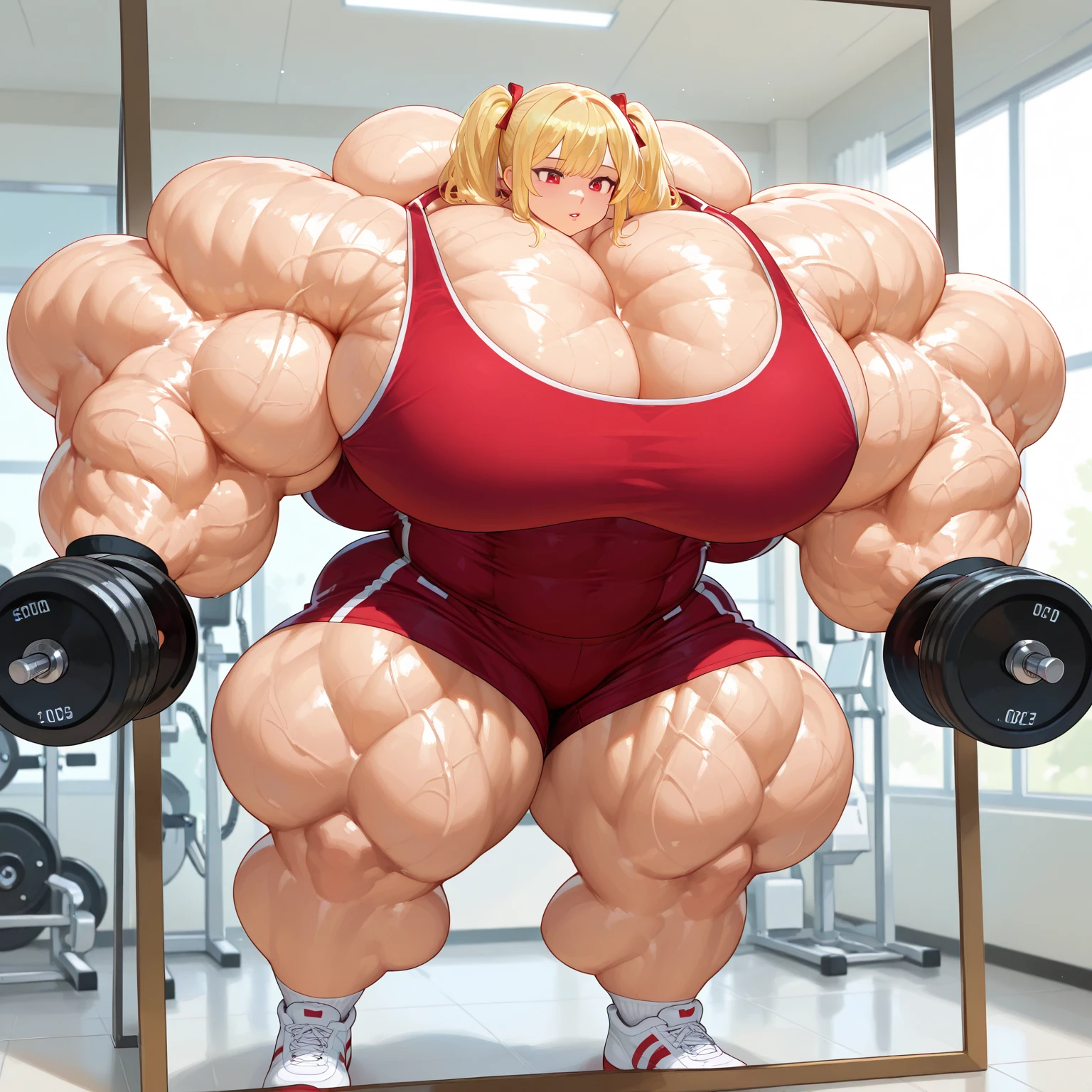 anime-style artwork, a hyper-muscular woman is captured mid-workout in a modern, dimly lit gym. She is dressed in a striking red athletic ensemble, consisting of a sports bra and high-waisted leggings that cling tightly to her exceptionally muscular physique, highlighting every contour of her chiseled body. The sports bra has thin, double straps that cross over her broad, defined shoulders, while the leggings accentuate her powerful legs and glutes, adding to her imposing yet feminine silhouette. Her long, golden blonde hair flows down her back, slightly tousled, as she kneels on a black exercise mat. Sheâs positioned on all fours, her back arched slightly as she looks over her shoulder with a confident, almost teasing smile, her eyes soft yet focused. The gym is sparsely populated, with various pieces of exercise equipment like dumbbells and weight machines scattered around the room. Large windows in the background reveal a night cityscape, the lights of the buildings twinkling against the dark sky, creating a serene contrast to the intensity of her workout. The soft ambient lighting casts subtle shadows across her body, emphasizing the depth and definition of her muscles, while also creating a warm, intimate atmosphere in the otherwise quiet gym. <lora:hyper_muscular_flux_v1:1.25>