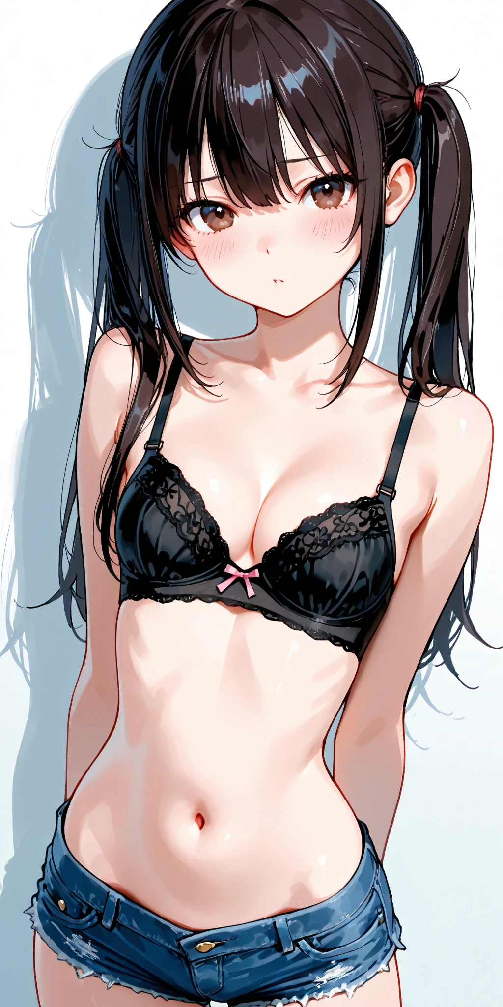 (clothes lift, mouth hold:1.4), (masterpiece, best quality, looking at viewer, straddling, white bra, tanktop:1.1), thighs, cowboy shot, small waist, navel, arms behind back, beautiful girl, pretty face, tearfilled eyes, (embarrassed, worried, angry:0.2), small girl, slender, bedroom, facelight, black twintail hair, dark grey pleated plaid mini skirt, 8k, official art, raw photo, incredibly absurdres, sloped shoulder, dynamic lighting, cinematic lighting, ultra realistic, highres, sharp focus, (photography, film grain, chromatic aberration:0.5), highest detailed, extreme detailed, ultra detailed, finely detail, extremely detailed eyes and face, sharp pupils, realistic pupils