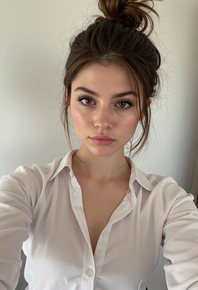 Photo of a 20 year old brunette woman, that  has a very natural face,  thin lips, thin eyes, thin eyebrows, thin nose, earrings, long eyelashes. She makes a cute selfie in a cafe