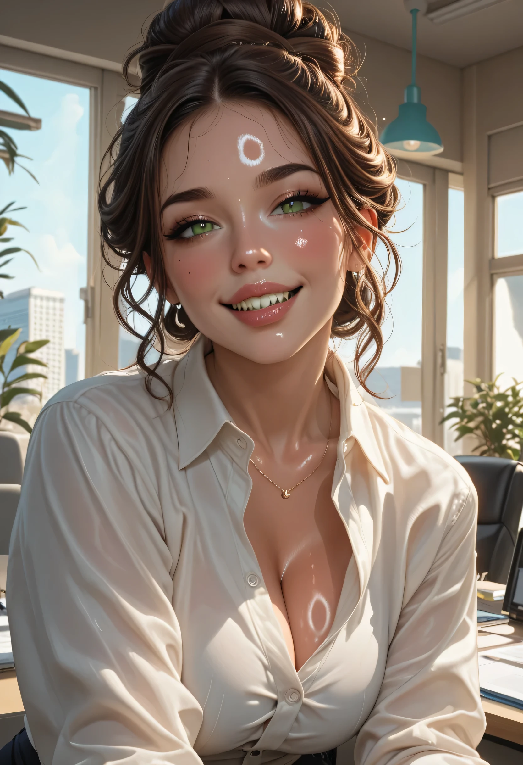 Extremely busty brunette secretary, college girl, fair skin, green eyes, loose updo, sharp face, athletic, huge tits, warmly lit office, windows, blue skies, looking at viewer, (shiny skin)